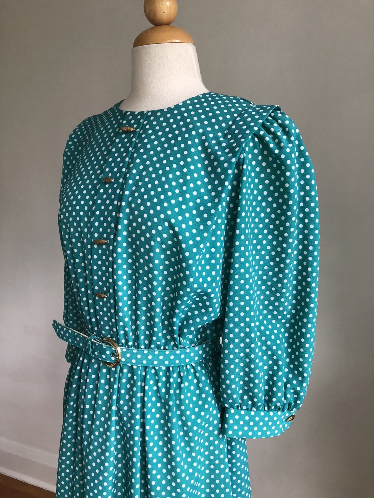 GORGEOUS VTG LADY CAROL Petites Teal Blue White Polka Dots Silky Belted Dress 8