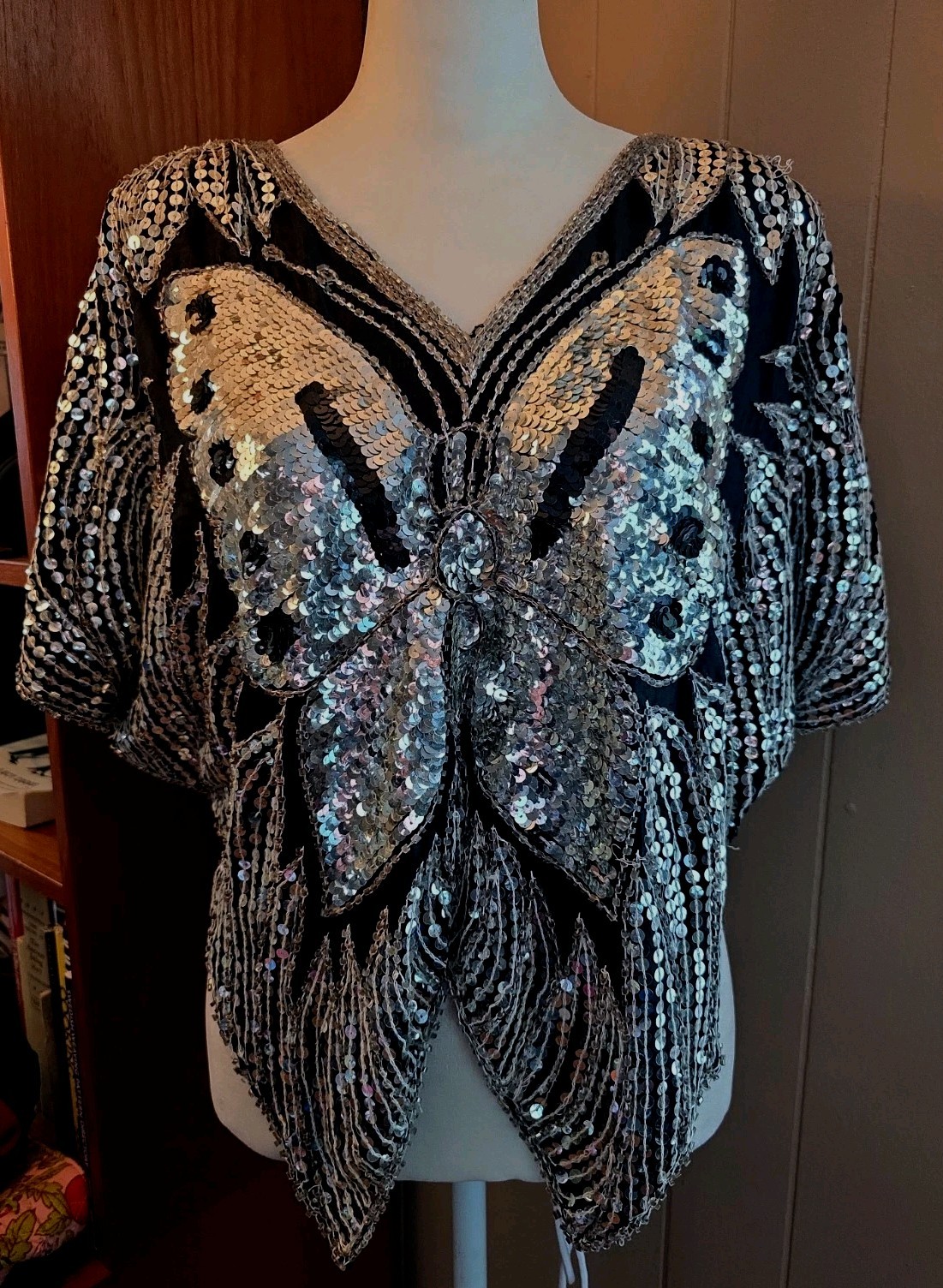 Vintage 70s Black Silk Silver Sequin Beaded Butterfly Blouse Shirt Top One Size