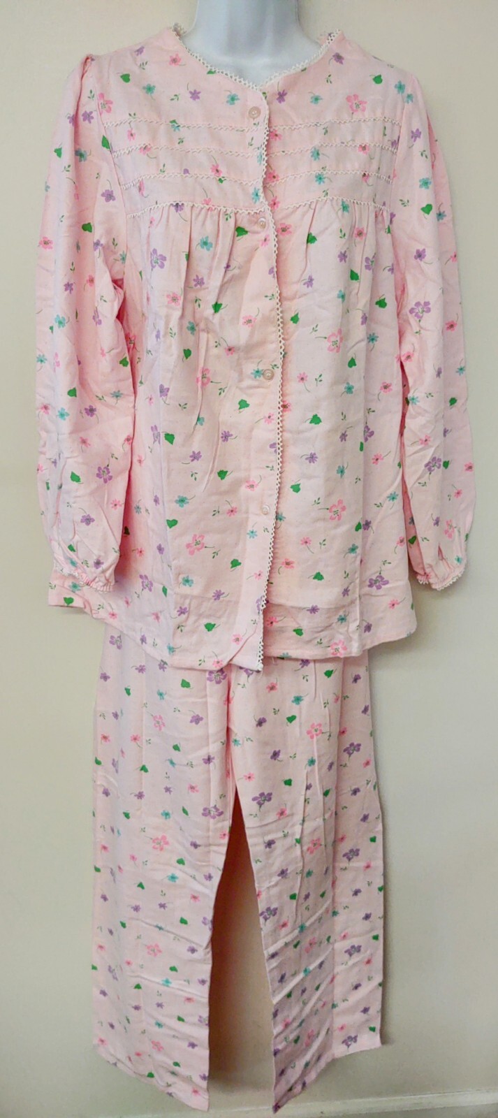 Sears Vintage 1970s Pink Floral Long Sleeve Pajama Set Cotton Flannel Hong Kong