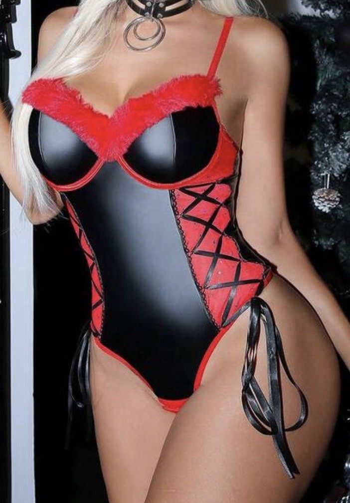 Sexy PU Leather,Faux Fur, & Lace UW BODYSUIT Teddy Lingerie Lace Up Sides XL NEW