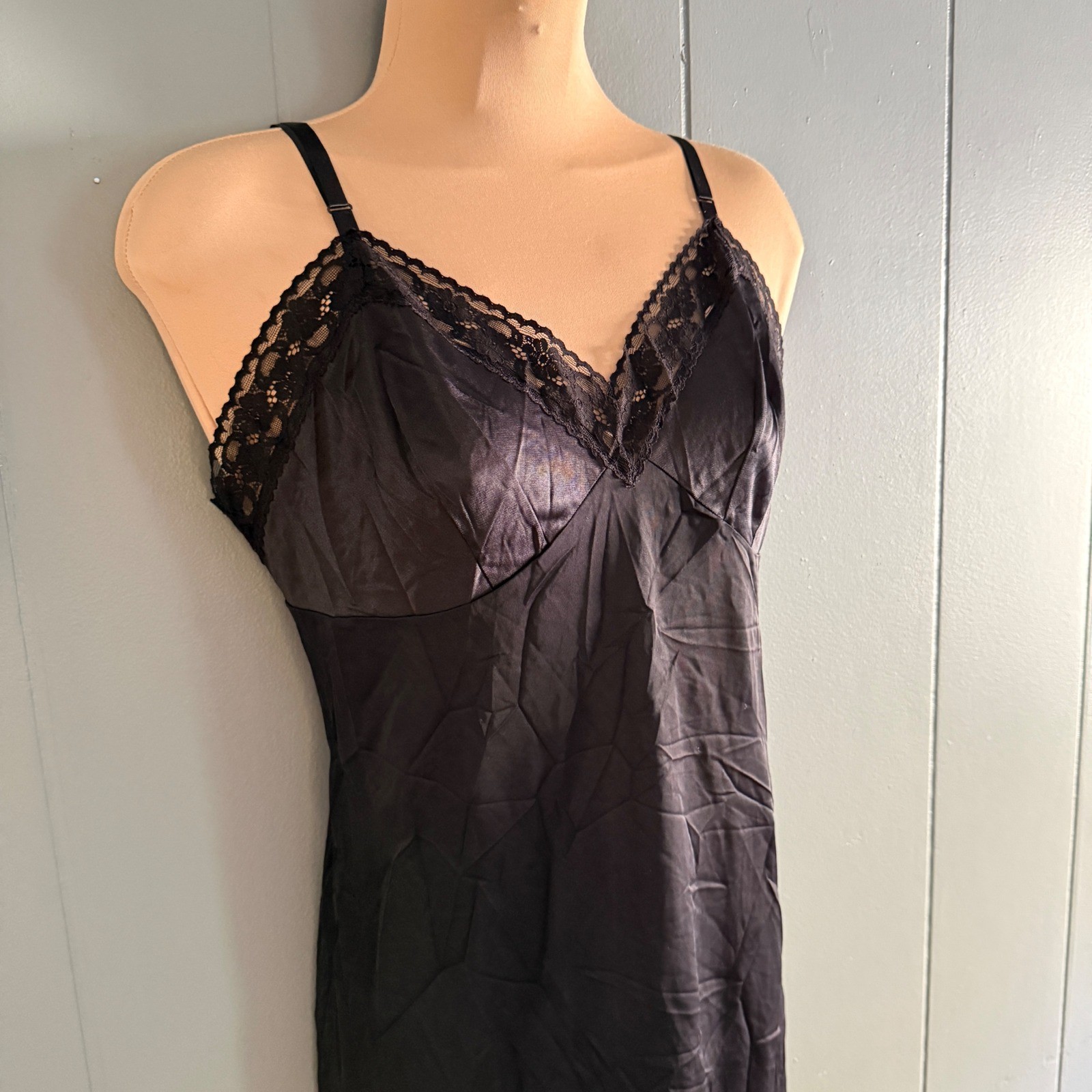 Cabernet Vintage Black Satin Slip Dress Lace Trim 70s 80s Goth Coquette USA S/M