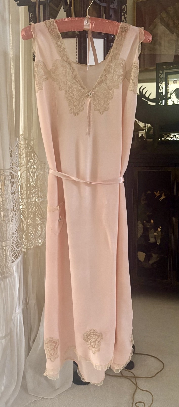 1930s Pink Silk and Lace Maxi Flapper Slip Dress with applique flowers