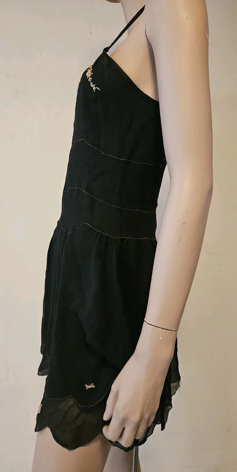 Art Deco Vintage 1920s Black Silk Chiffon Teddy Slip Dress W Floral Embroidery