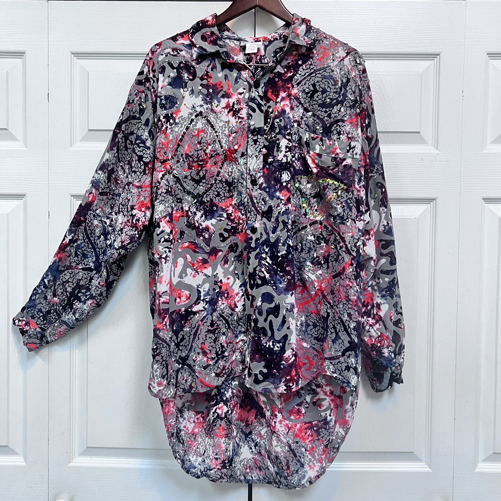 VTG 90s Ana Mori Rayon Indonesian Batik Blouse with Sequins XXL Gray/Red/White