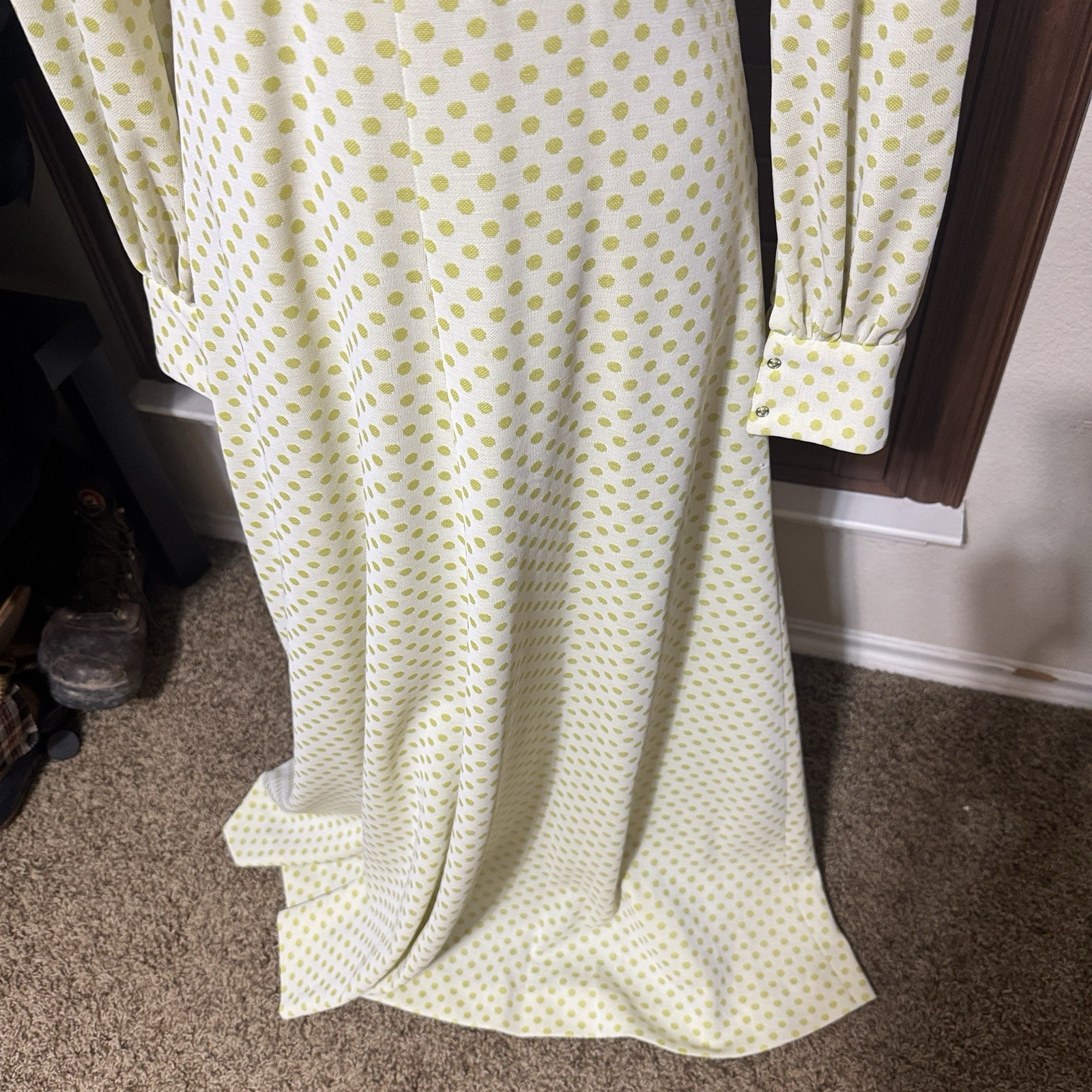 Vintage Maxi Dress 70s Yellow Polka Dot Homemade Prom Dagger Collar Mod Sz M