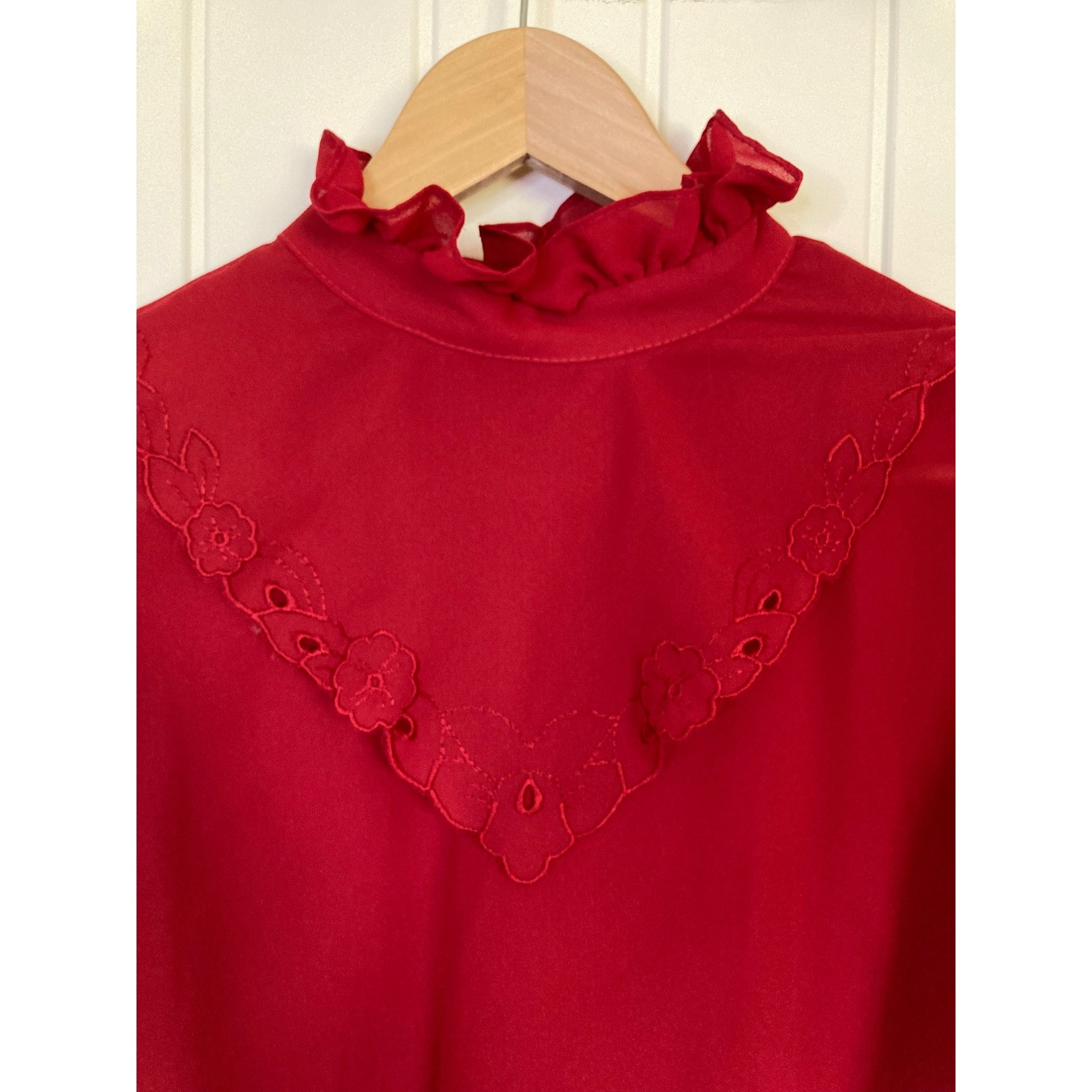 One Sixty Six Red Chiffon Blouse Vintage Victorian Ruffle Neck Embroidered Top M