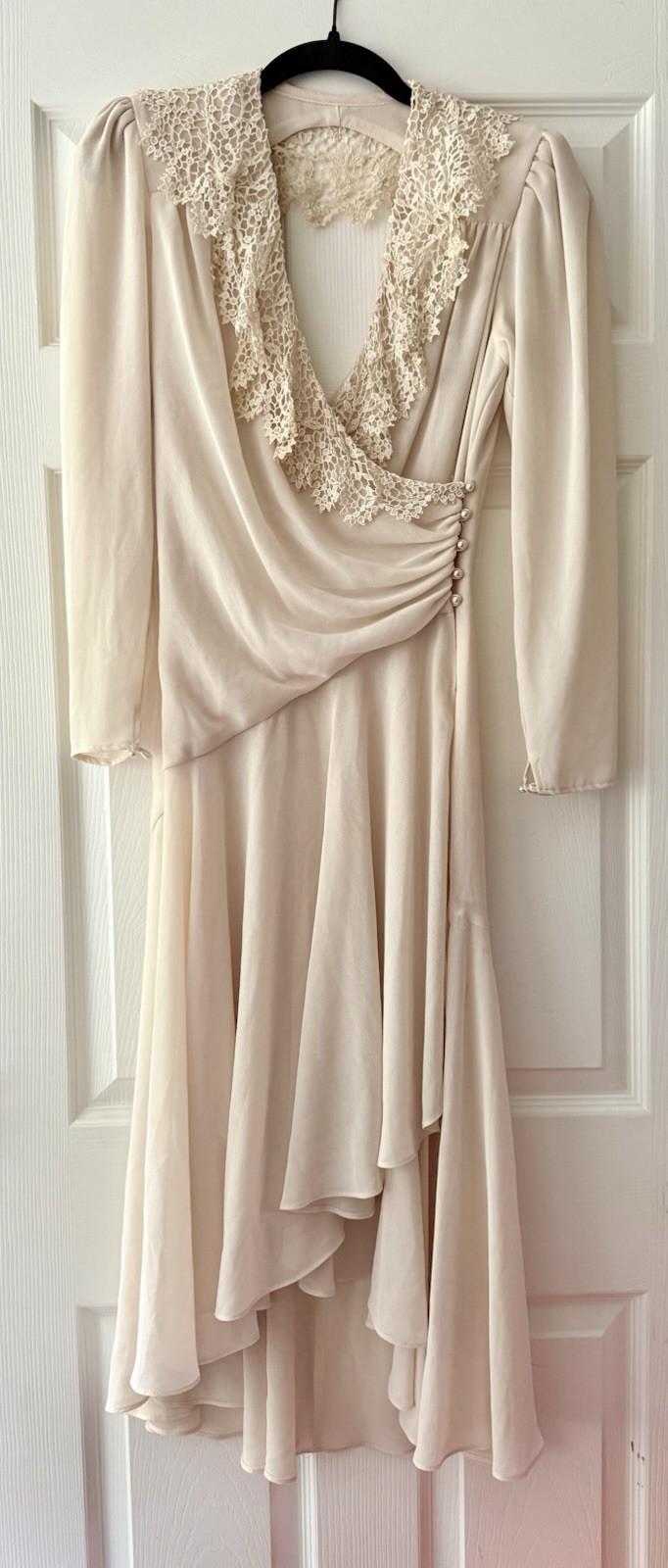 Vintage CASADEI Ivory Chiffon Bias Wrap Dress With Crochet Lace Size 4