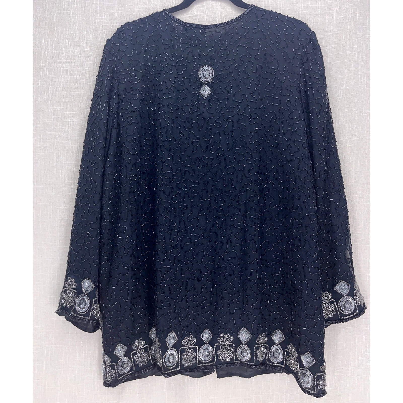 Stenay Black Beaded Silk Evening Jacket Large 80s Silver Sequin Formal Vintage
