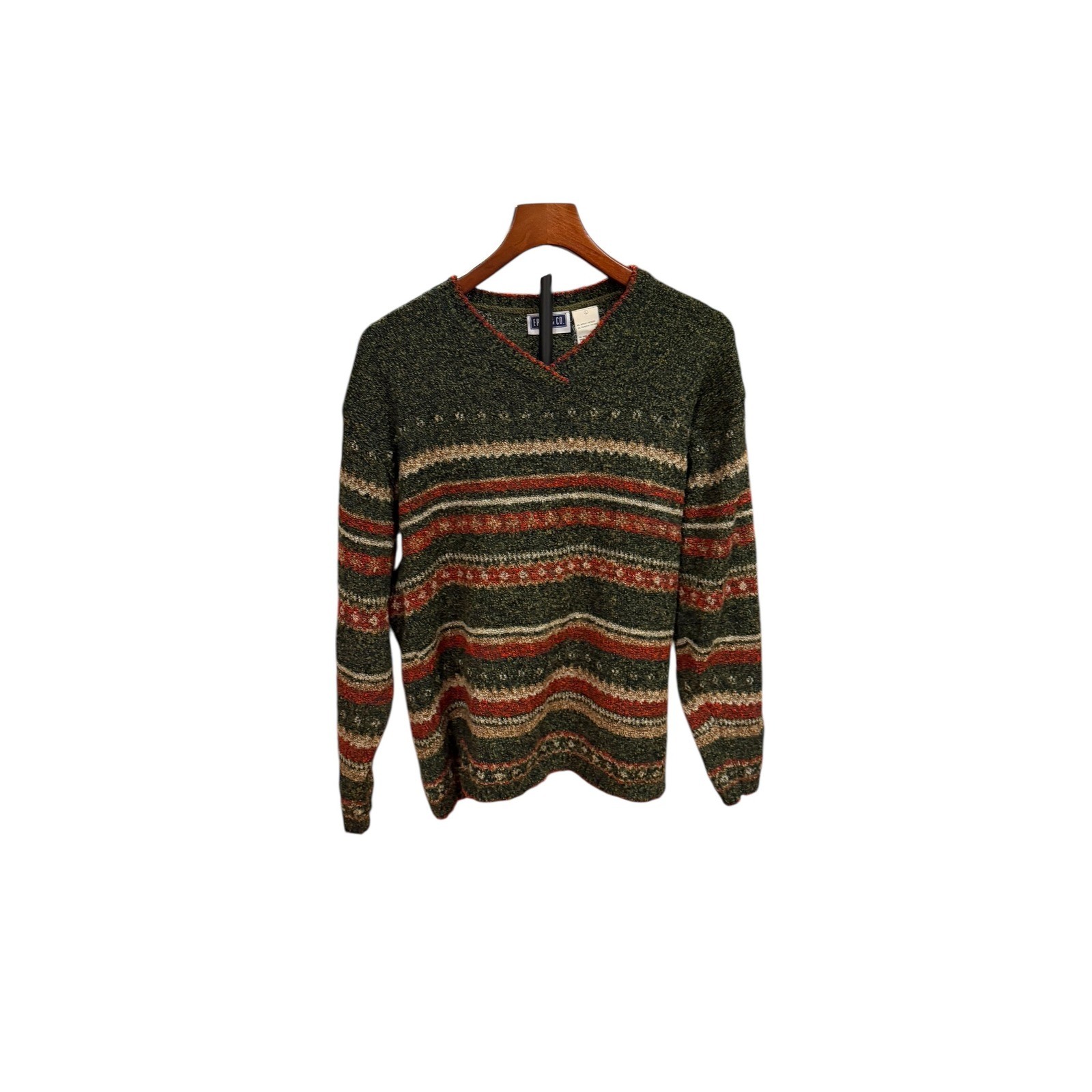 Vtg 90s Erika & Co Vintage V-Neck Knit Sweater Green Red womens Fair Isle L prep