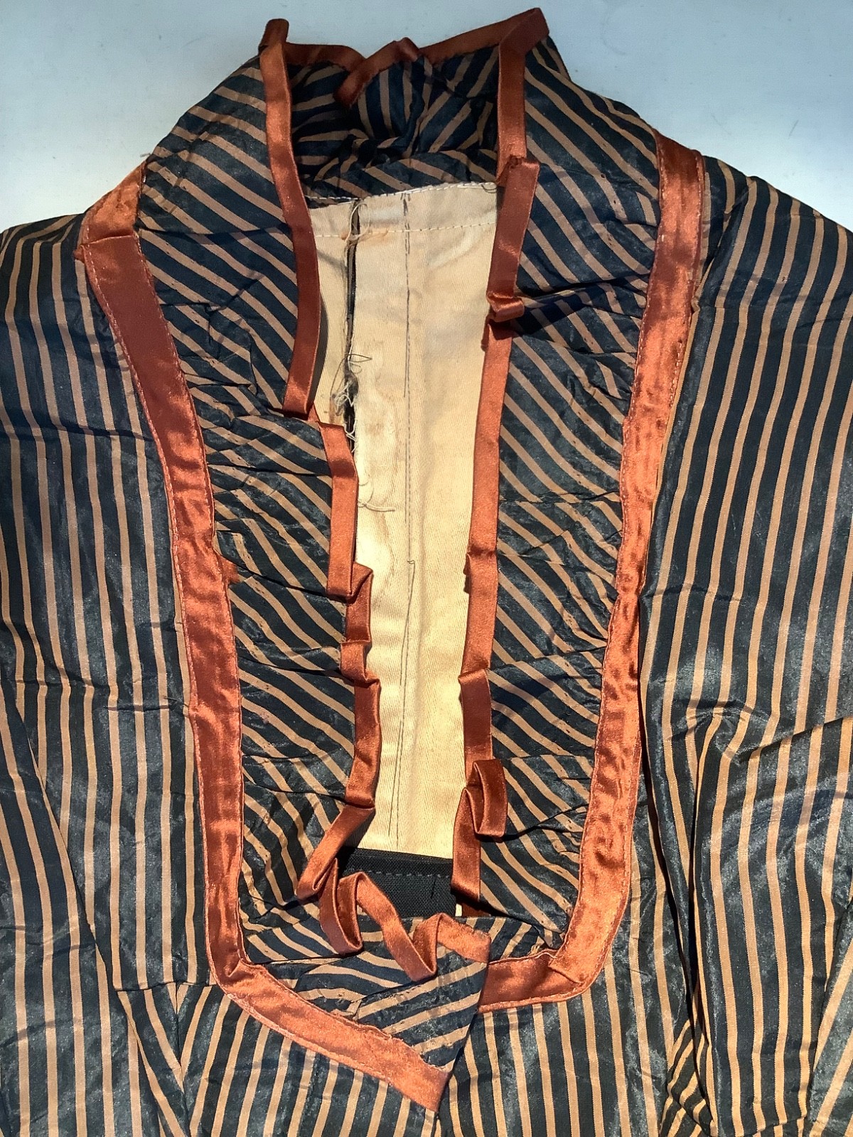 Victorian bodice Silk bustle 1880s corset Top sleeveless Stripe black Copper XXS