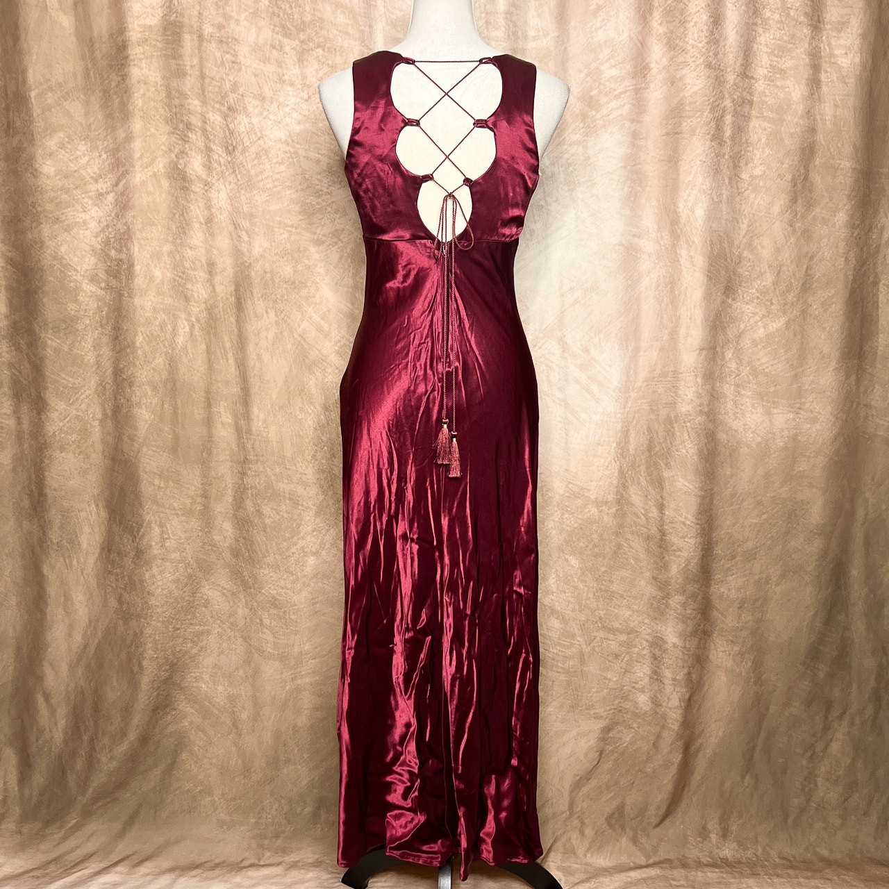 Vintage 90s All That Jazz Empire Waist Dress Burgundy Satin Lace Up Back Formal