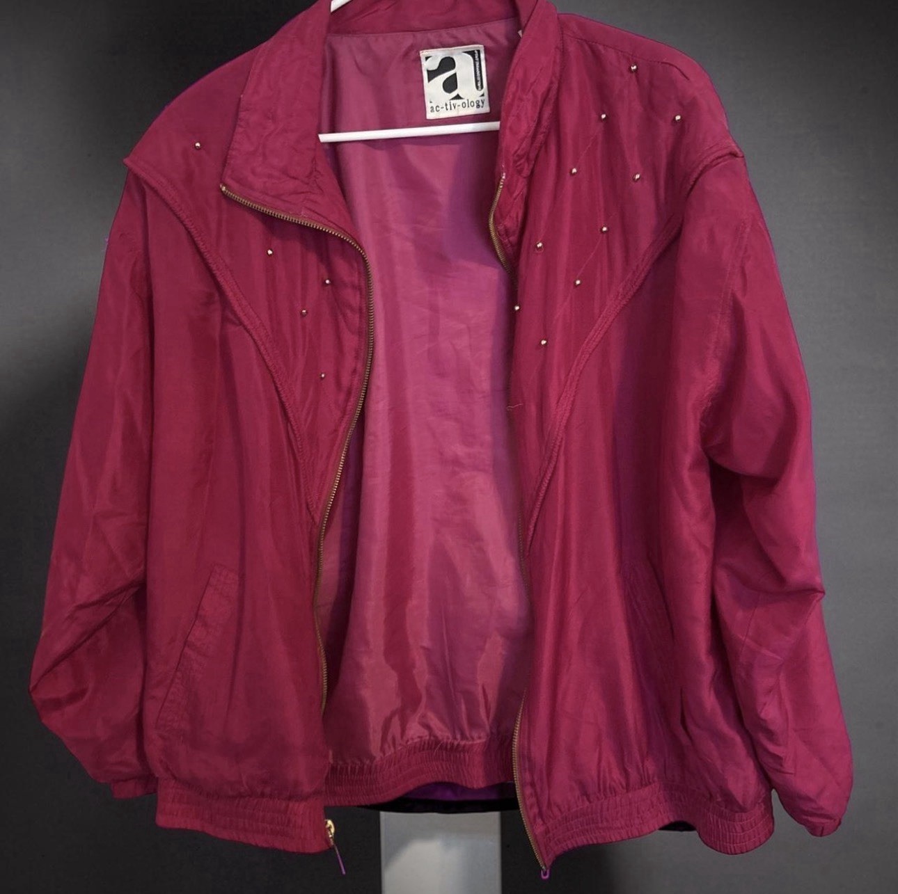 Vintage-Inspired Magenta Bomber Jacket with Embellished Details – Bold Statement
