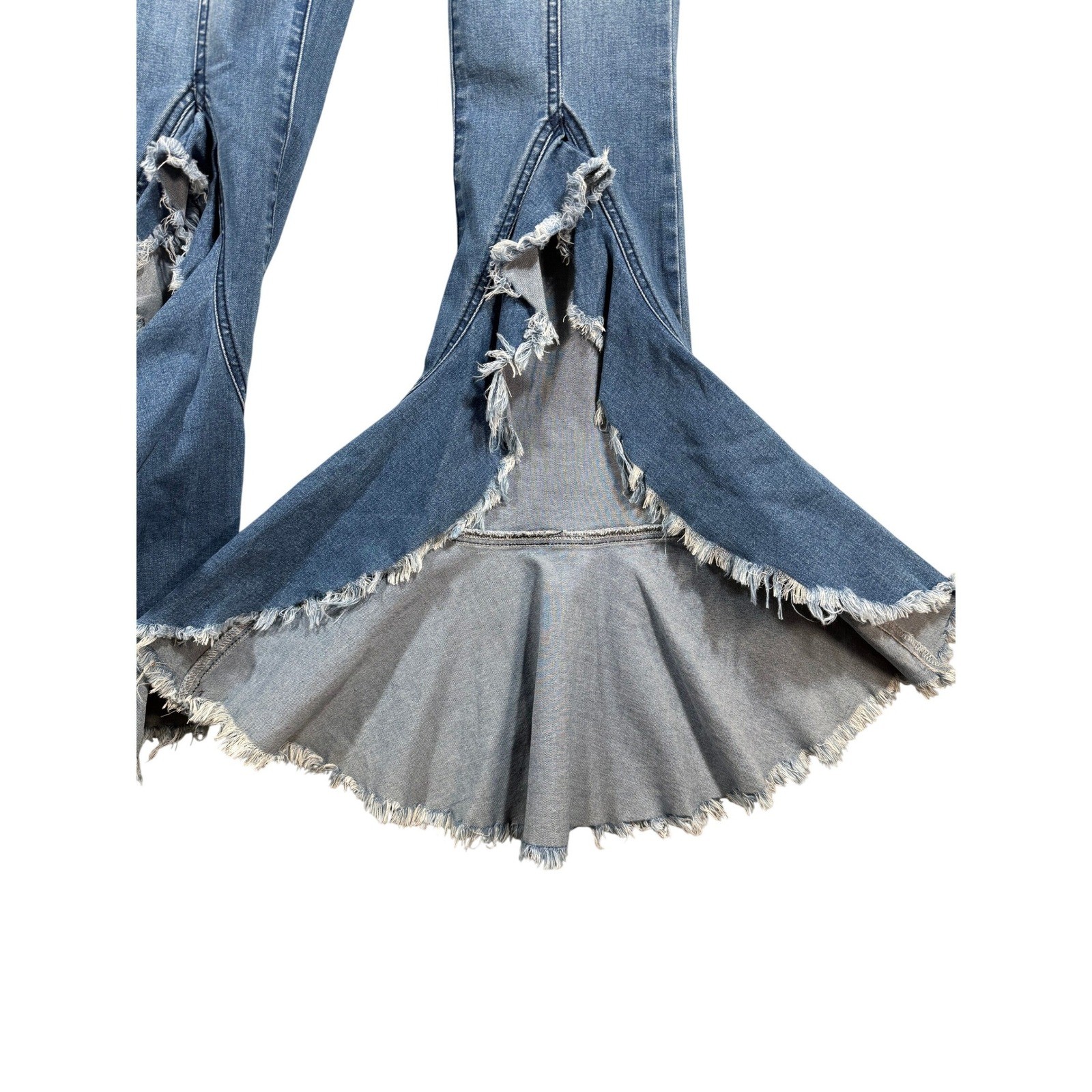 UNIQ By Litz Jeans 25 26 Bell Bottom Extreme Flare Western Festival Boho Raw Hem