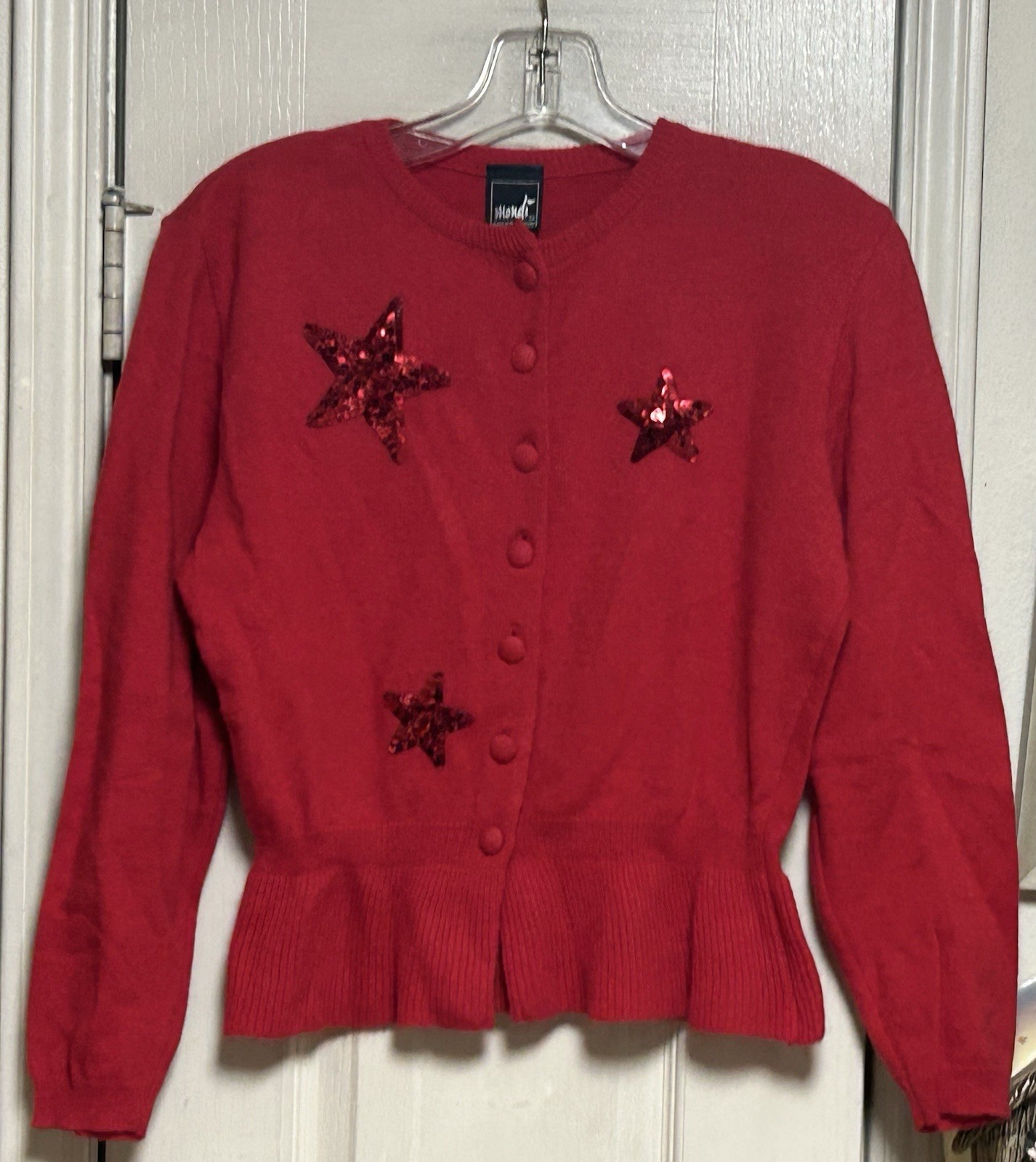 Vintage MONDI Red Soft Sumptuous Peplum Sequin Stars Sweater 36(s)-West Germany
