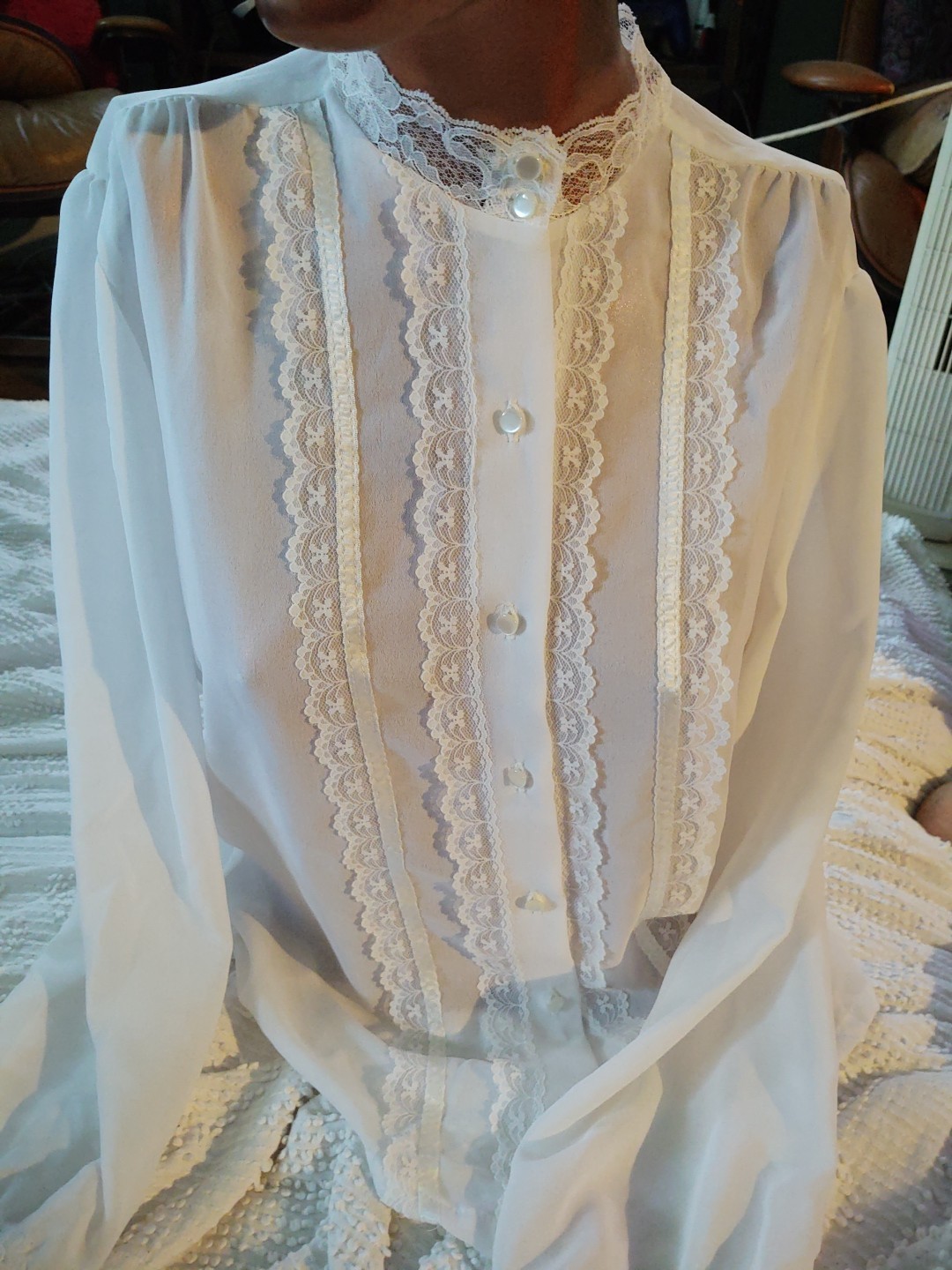 Vintage Joseph II White Lacy High Neck Sissy Blouse Size 14 White USA