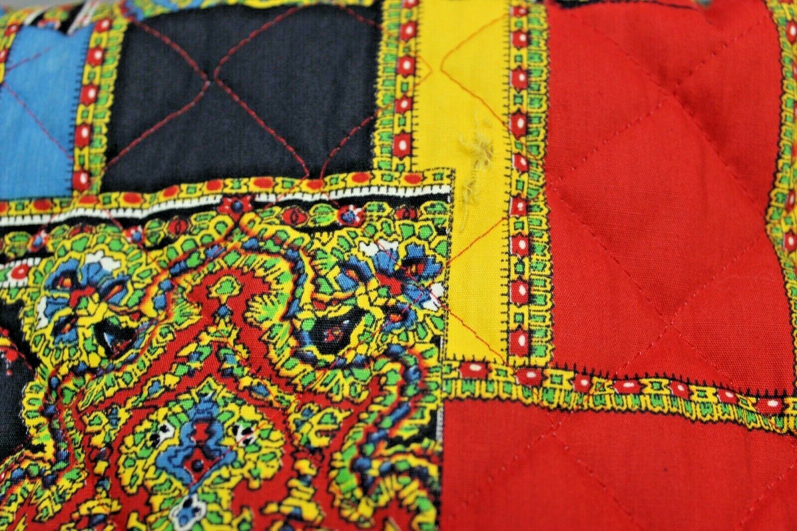 Authentic VTG 70s Boutique Quilted Hippie Robe Paisley Abstract Print Red Lined