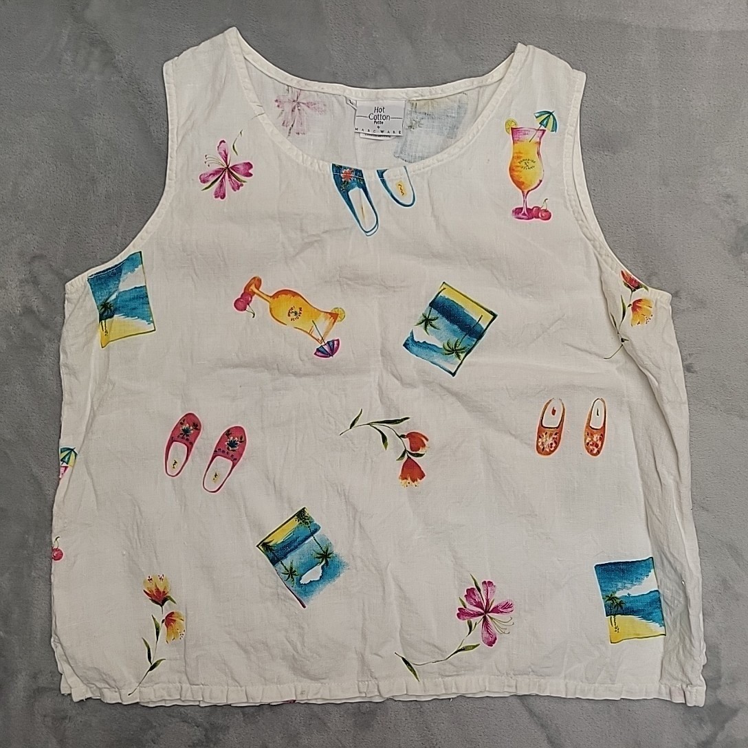 VTG Hot Cotton Marc Ware Tank Top Women L White Linen Tropical Beach Made In USA