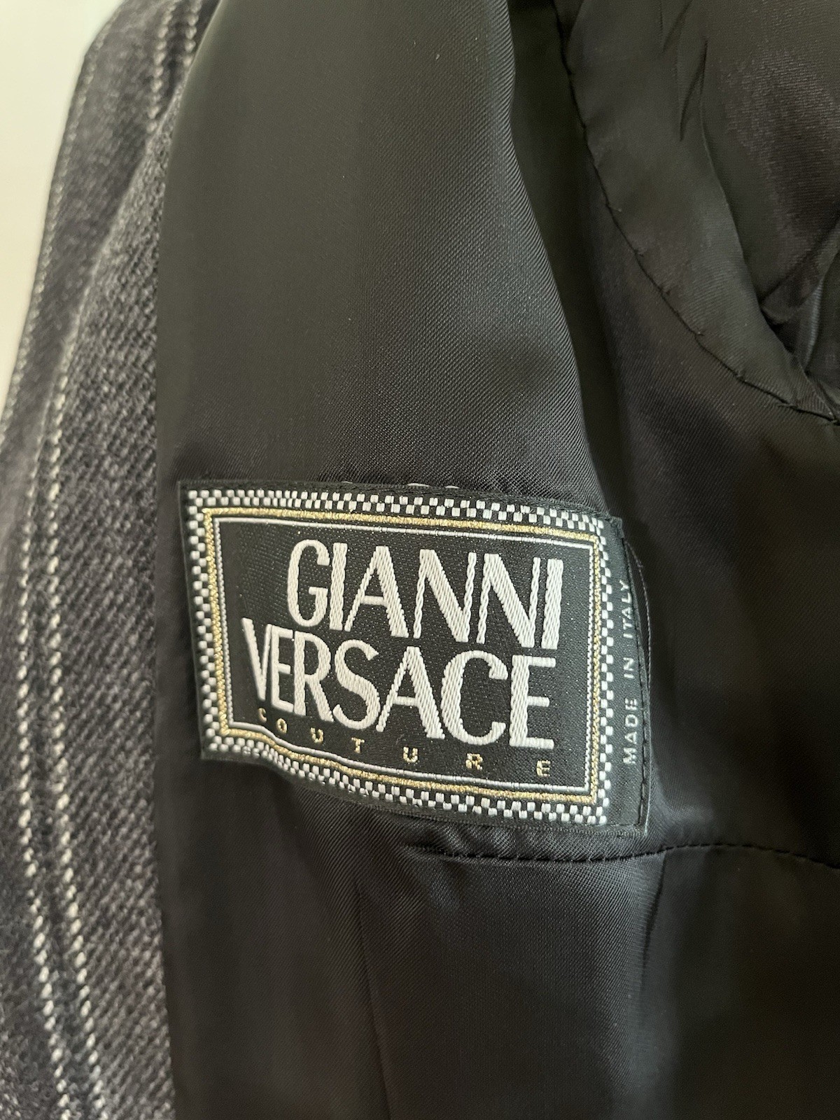 Vintage GIANNI VERSACE Couture Striped Wool Jacket with Medusa Buttons, Size 8