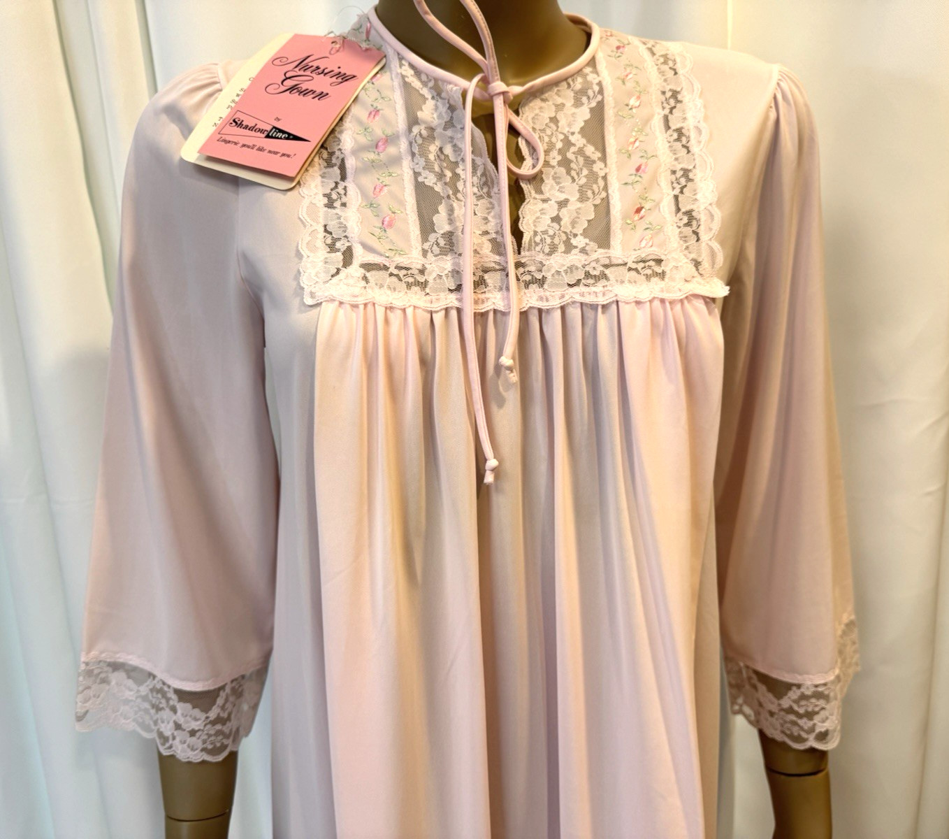 Vtg SHADOWLINE Nursing Hospital Nightgown, Embroidery, Lace NOS w/Tags S/M 80’s