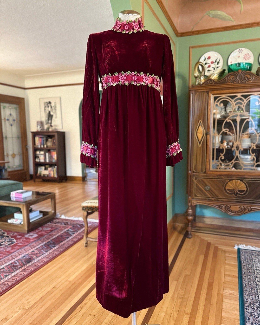 1970s Velvet Renaissance Revival Embroidered Maxi Dress Size XS