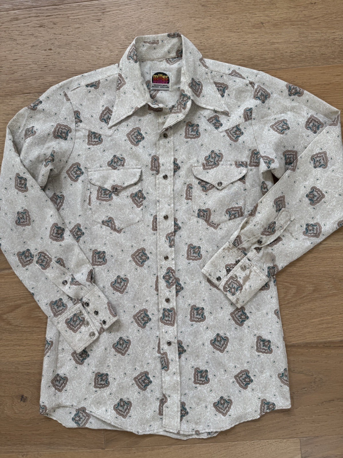 Vtg 70’s Miller Western Wear Pearl Snap Cowboy shirt, size 40. Big collar, exc!