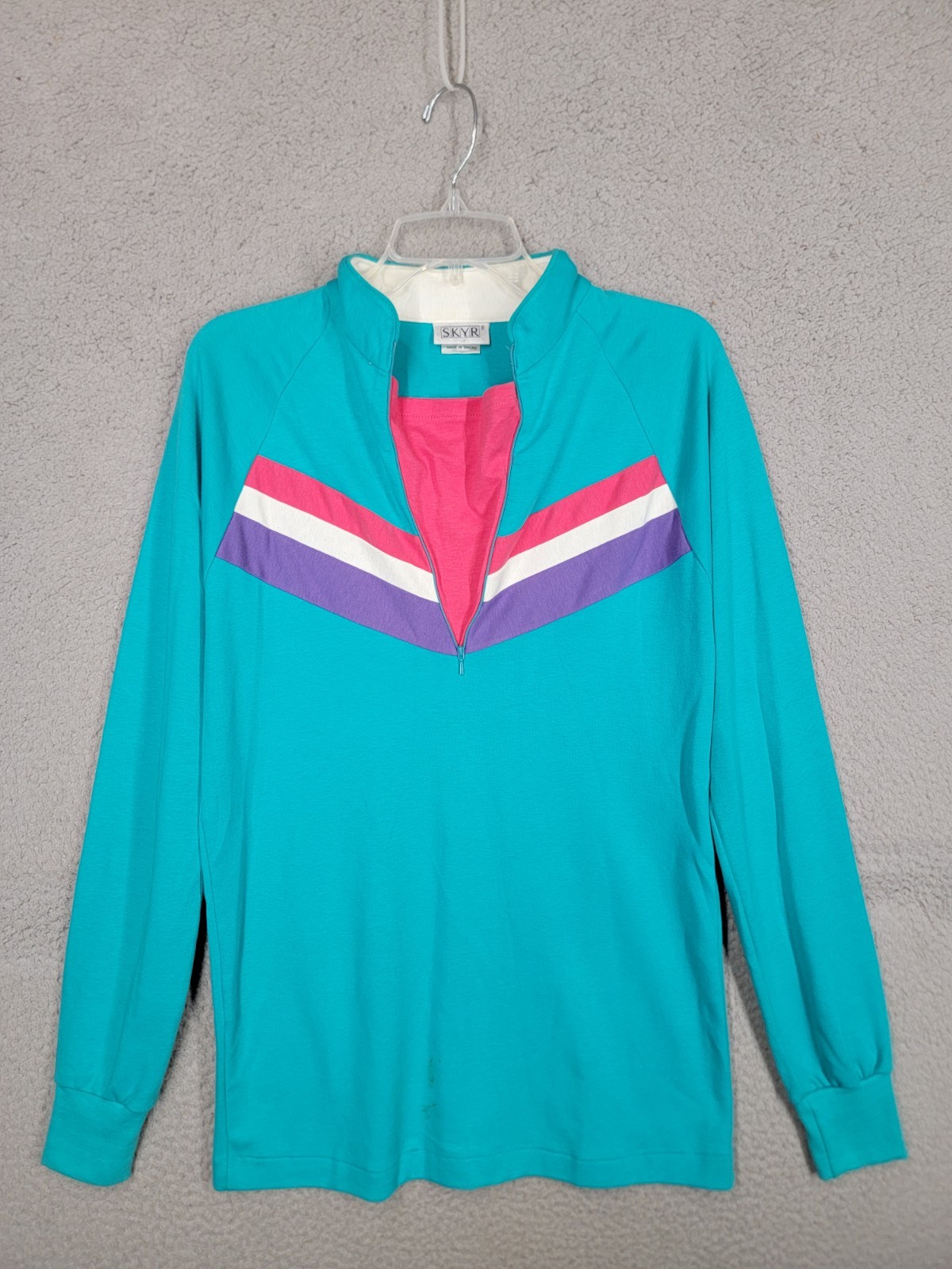 Vintage 80s Womens Pullover Sweatshirt Large Turquoise And Pink Skyr Top Stripe