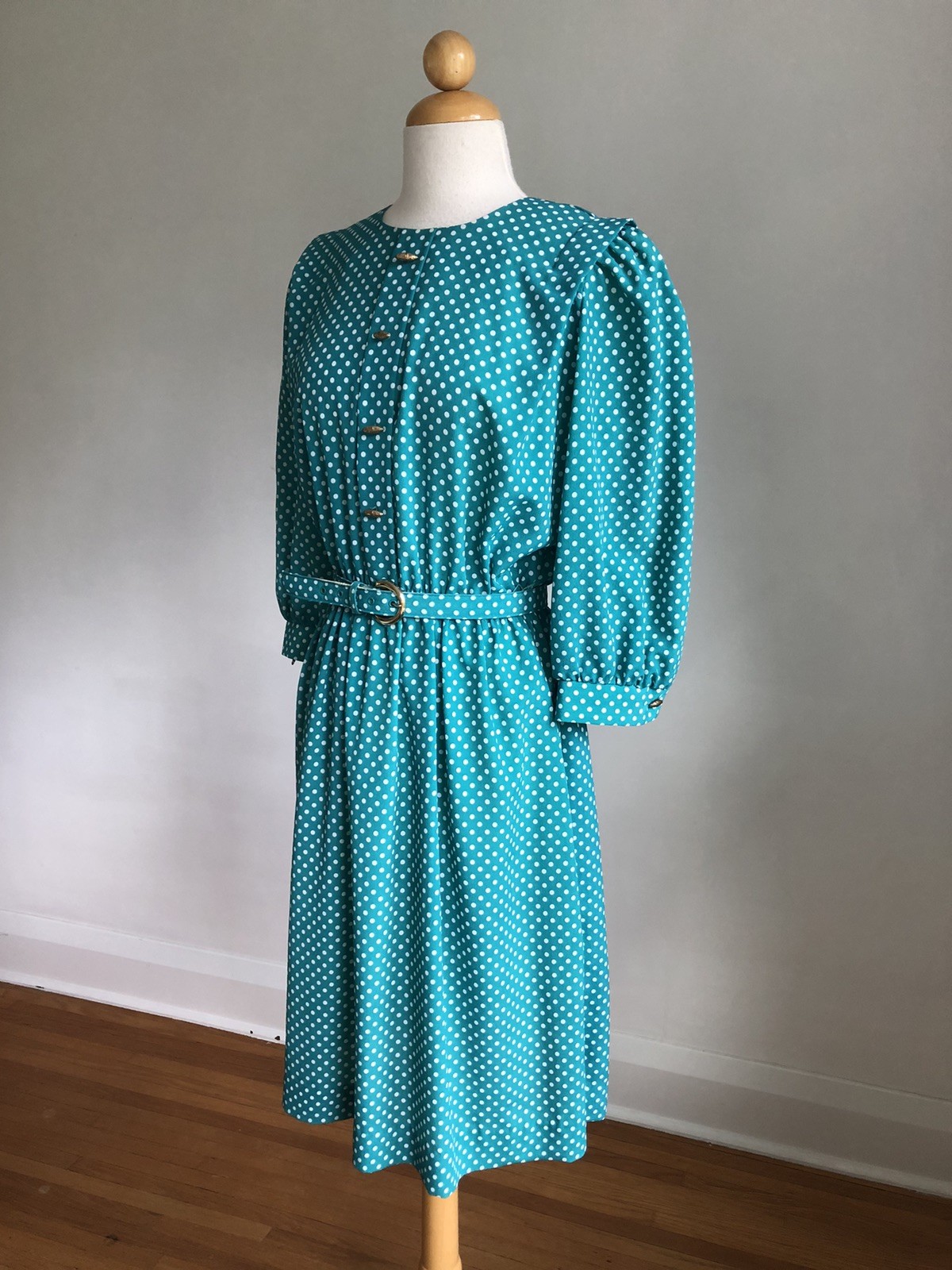 GORGEOUS VTG LADY CAROL Petites Teal Blue White Polka Dots Silky Belted Dress 8