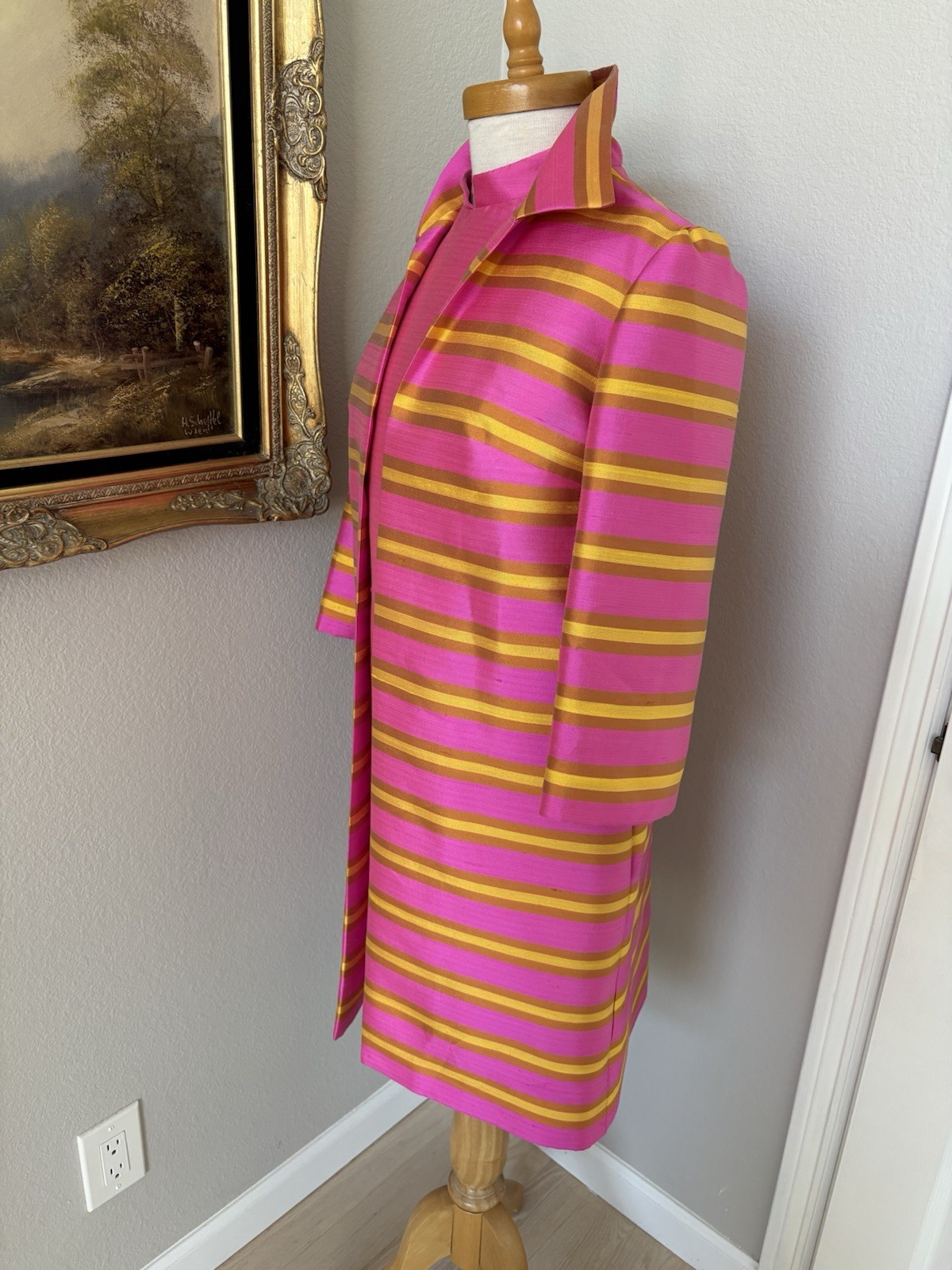 VTG 60s Pink Yellow Stripes Mod GoGo Sz S Party Coat & Dress Dupioni Silk EUC