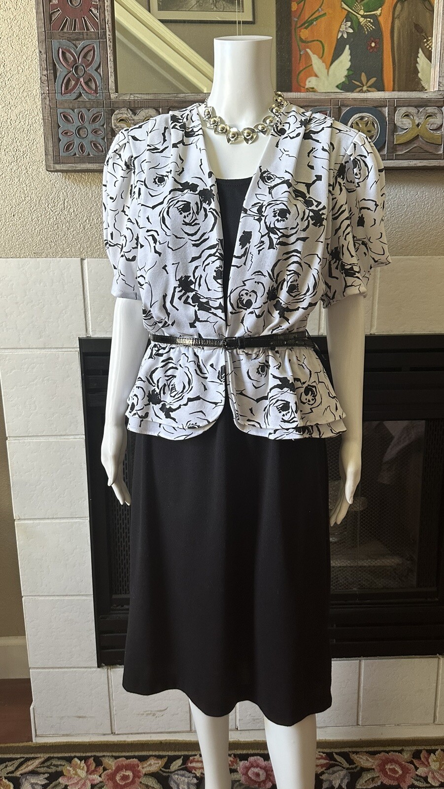 LUCKY BARBARA Womans Knit Dress Sz 13 Black White Short Sleeve Vintage Bust 38”