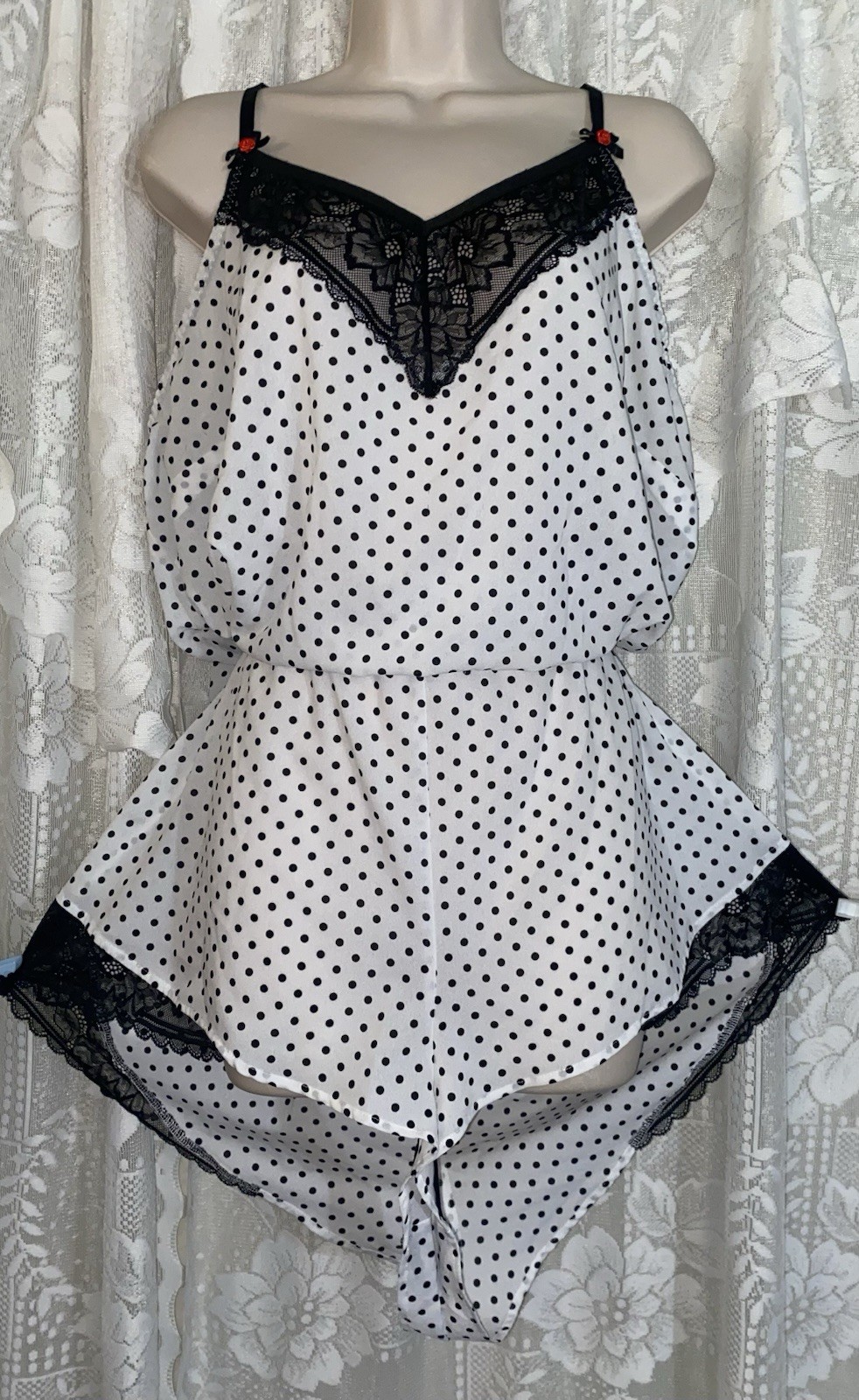 VTG 3X Lane Bryant Cacique White Black POLKA DOT TEDDY Nightie Romper Black Lace
