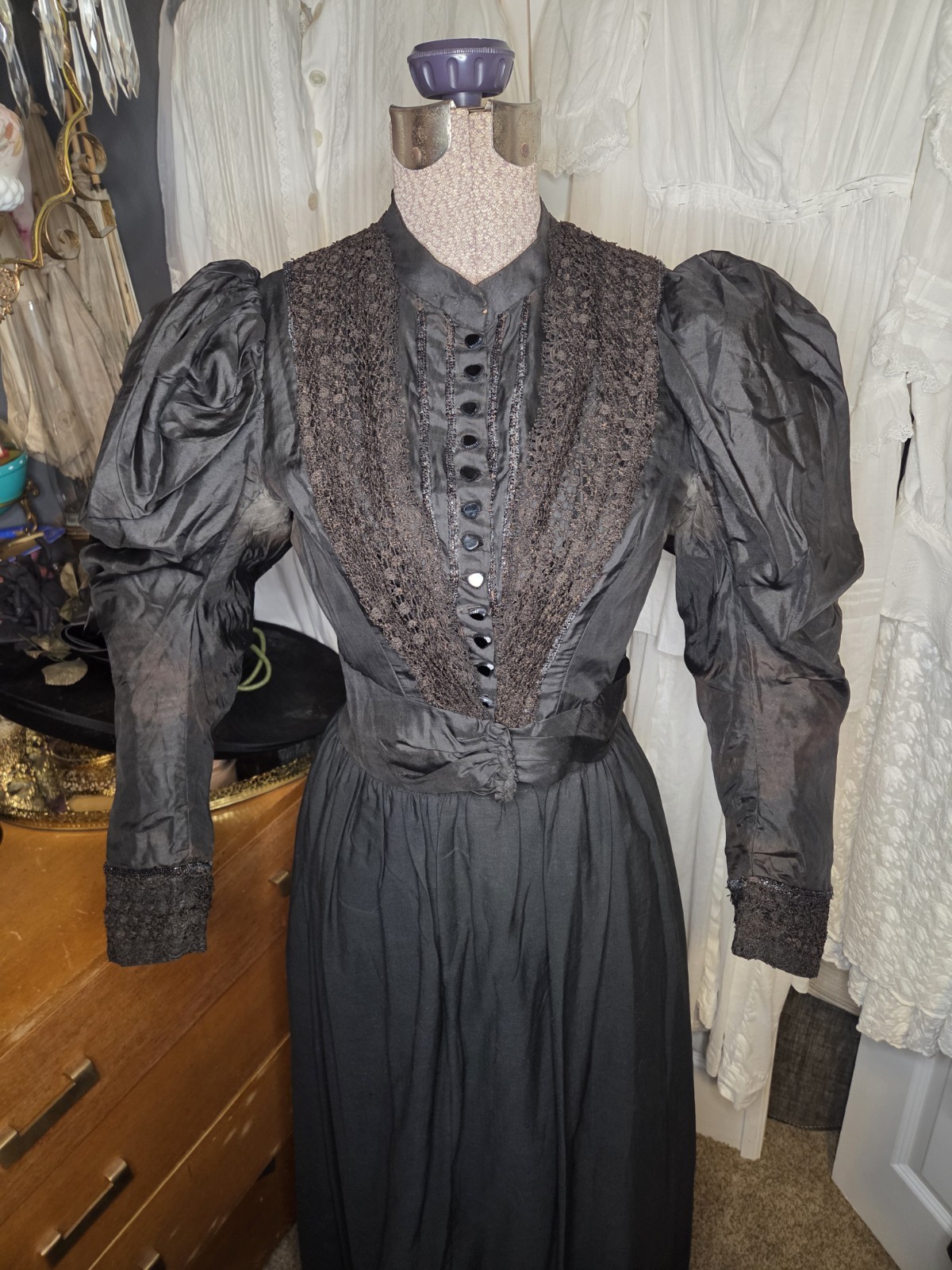 Black Victorian Silk Leg Of Mutton Sleeved Bodice With Lace & Glass Buttons READ