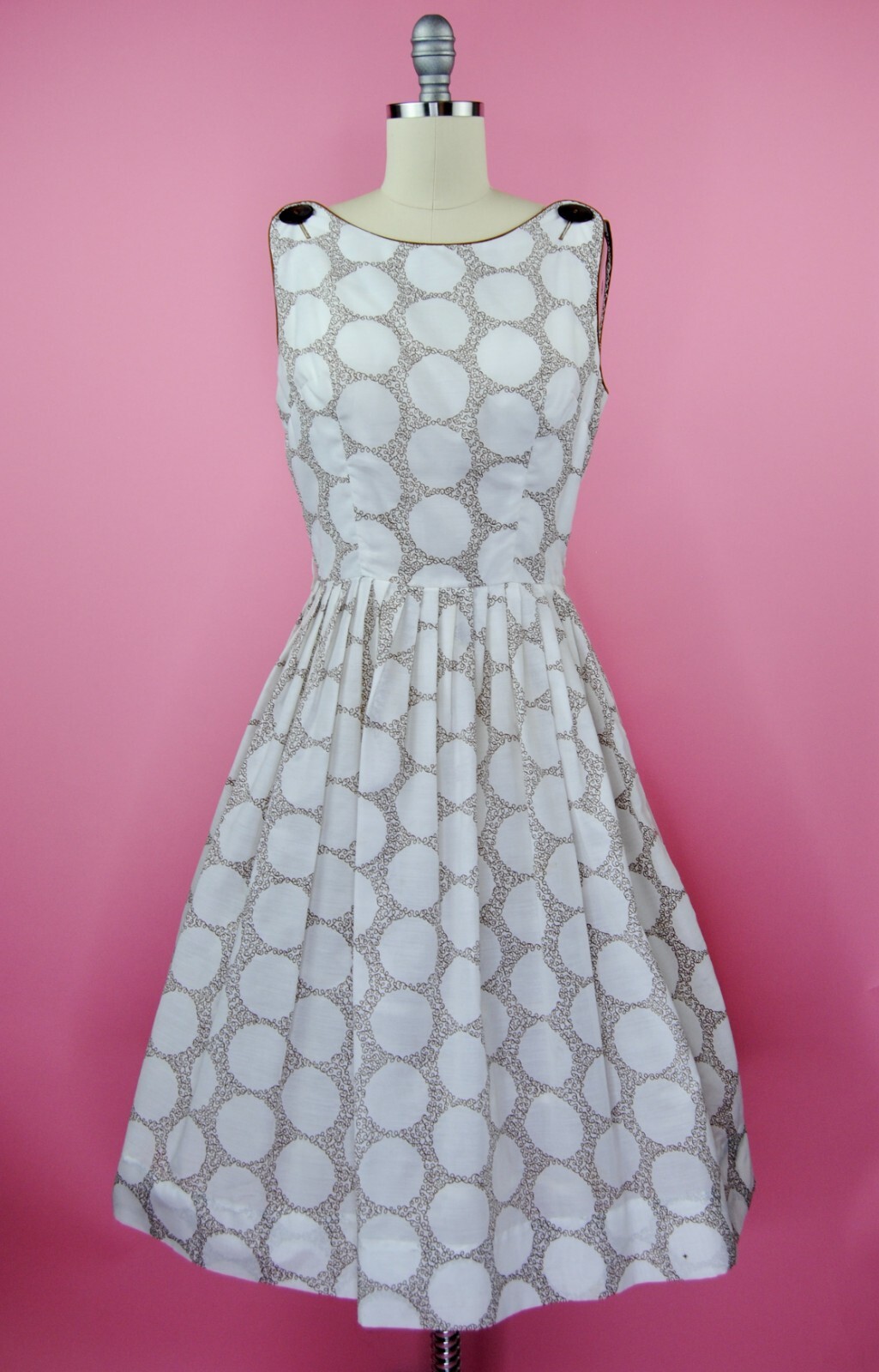 1950s Vintage Betty Barclay Creamy White and Brown Summer Fit Flare Dress – S