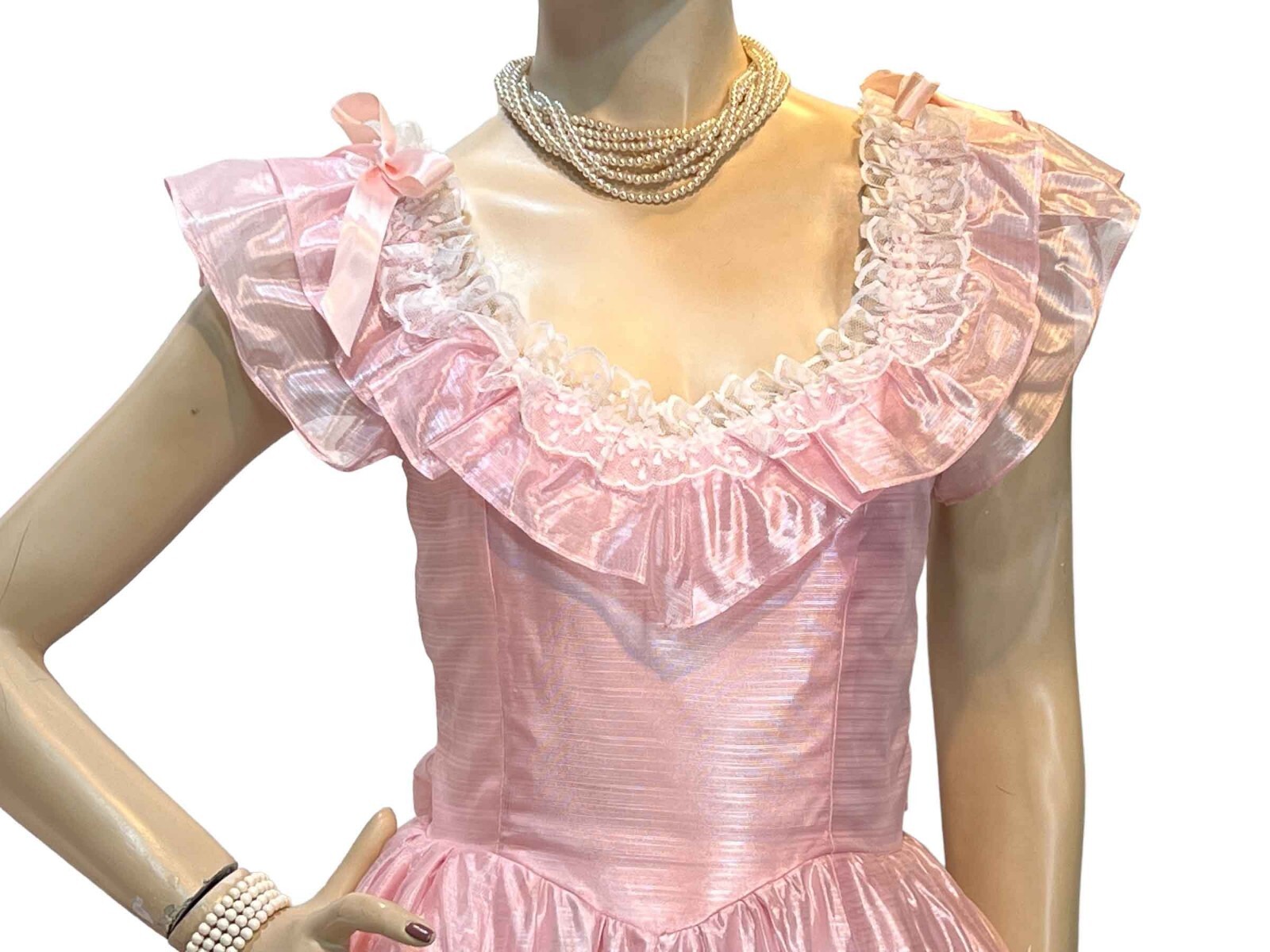 Sz XS~S Vtg 80s Southern Belle Dress Prom Ball Gown Pink Off Shoulder Full Skirt