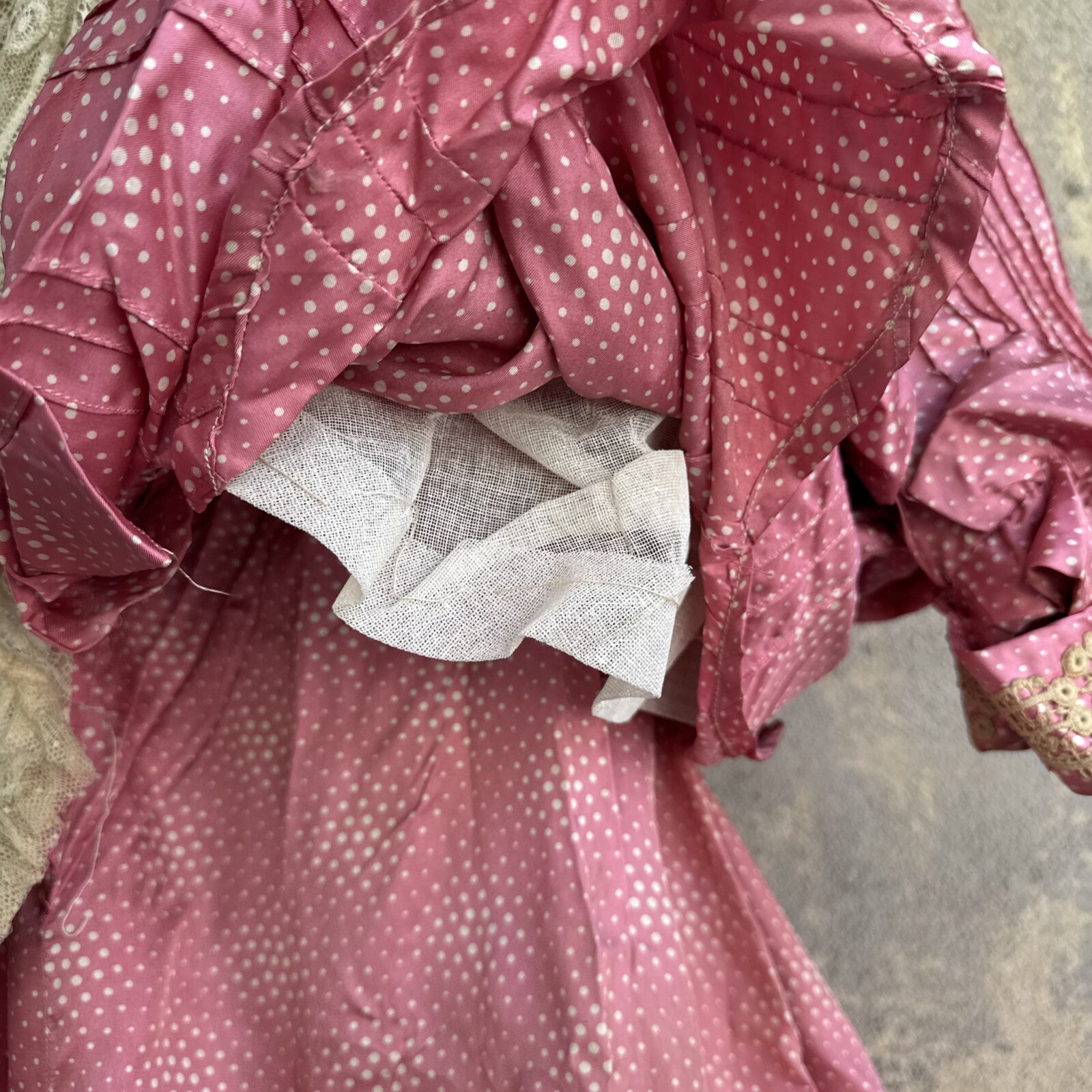 Antique Victorian Pink Silk Dot Print Dress Side Bustle Gown Lace 1880s Vintage