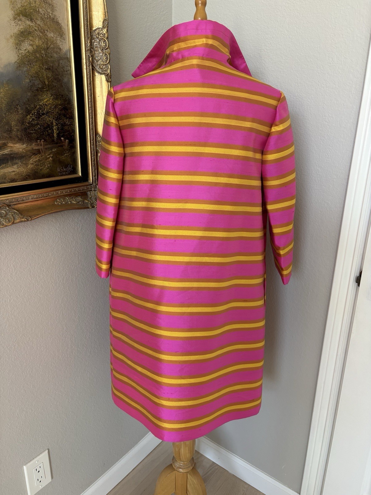 VTG 60s Pink Yellow Stripes Mod GoGo Sz S Party Coat & Dress Dupioni Silk EUC