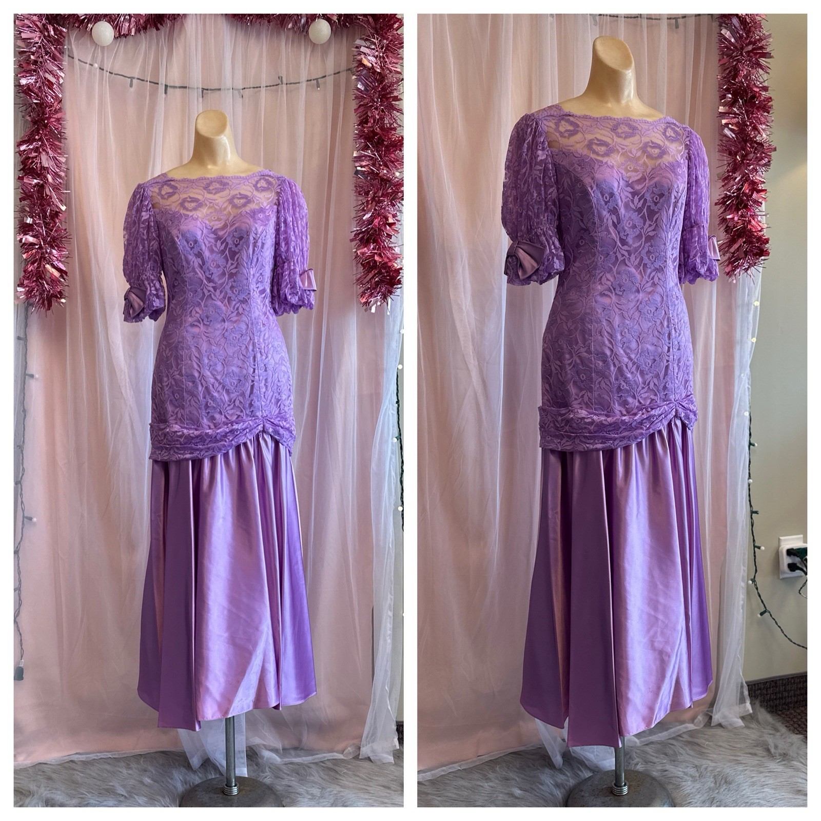 Vintage 80s Purple Lace Maxi Party Evening Dress Puff Sleeves Bows Draping S/M
