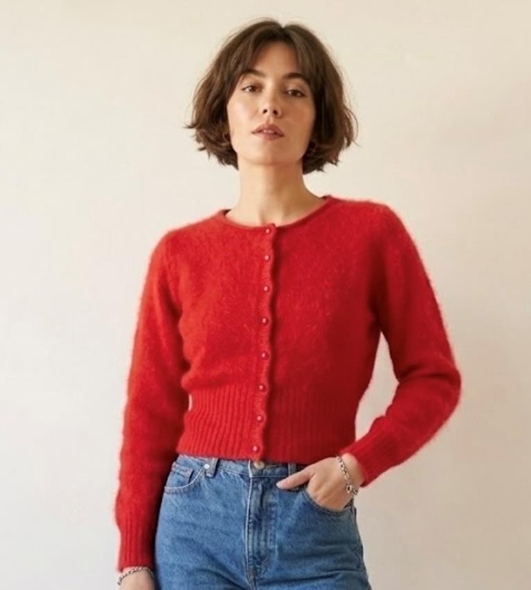 Vintage MGR 70% Angora Rabbit Hair Cropped Cardigan Sweater XS S Red Fuzzy Furry