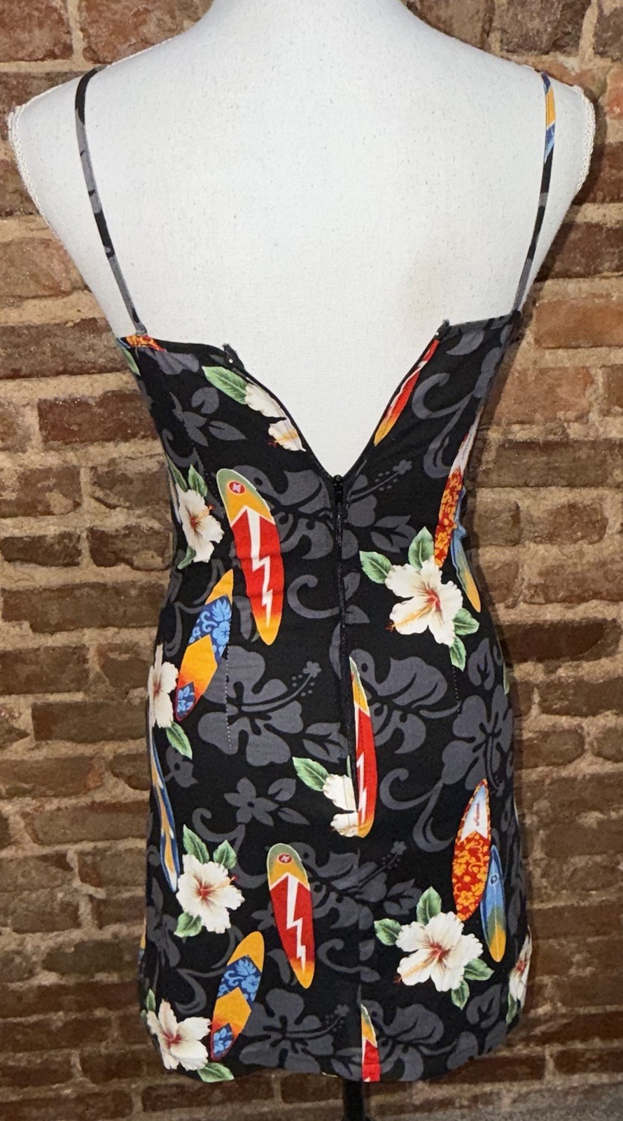 Vintage Rare Print Surfboard Black Hibiscus Dress Sz S Made In Hawaii EUC