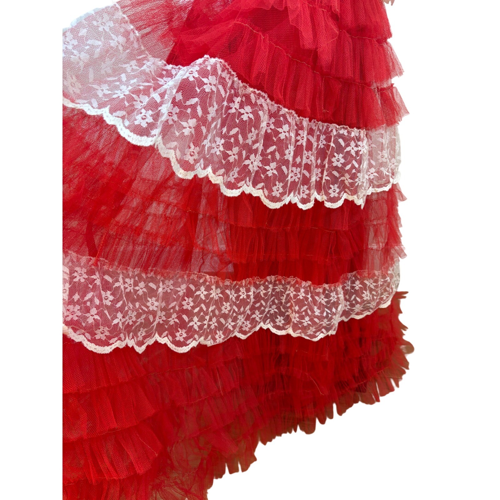 Vtg 50s Cupcake Tiered Lace Dress 25″ W Red Strapless Tulle Prom formal Glam