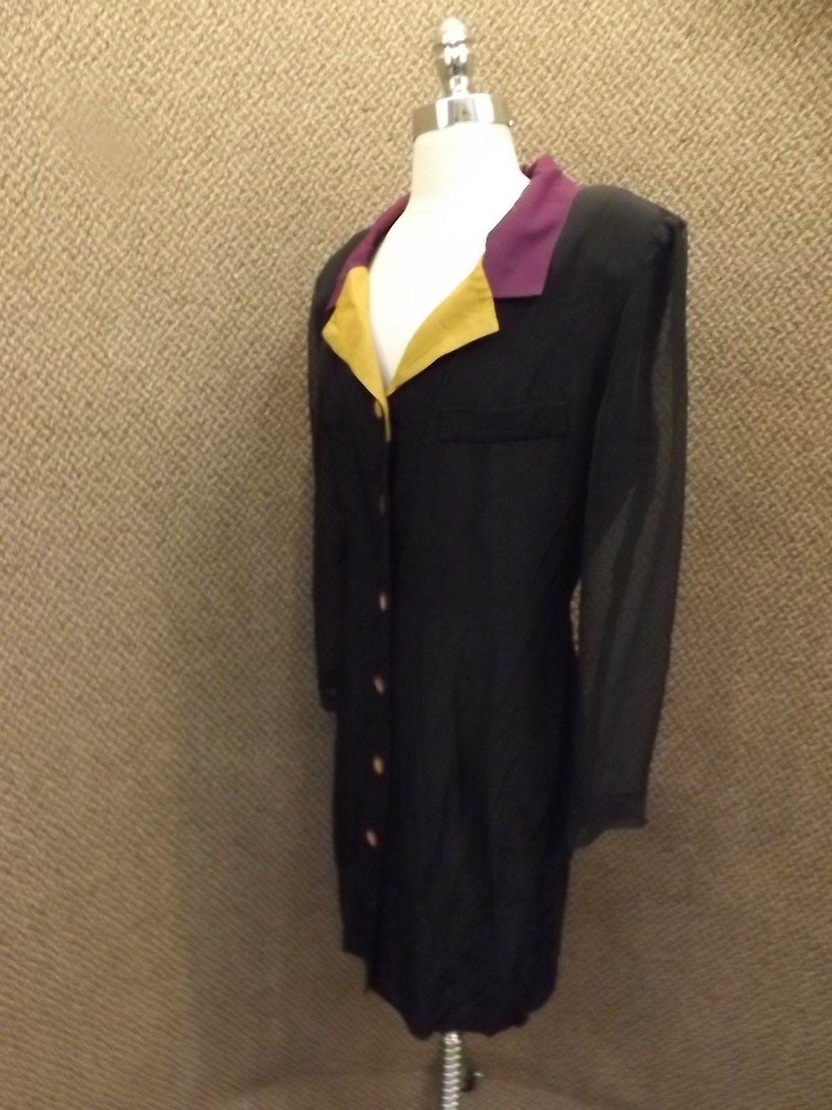 Super Stylish Color Block Vtg 80s Dressy Button Down Sheer Sleeve Dress Womens M