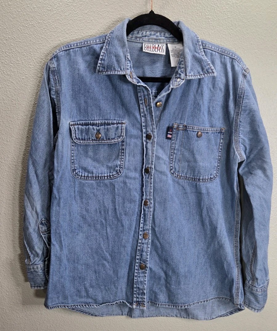 Vintage Bill Blass Jeans Denim Button Down Shirt Medium 90s Logo Tab Cotton