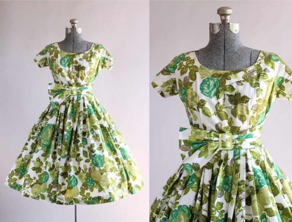 Vintage 1950s Green Floral Dress w/ Short sleeves and Waist Sash S