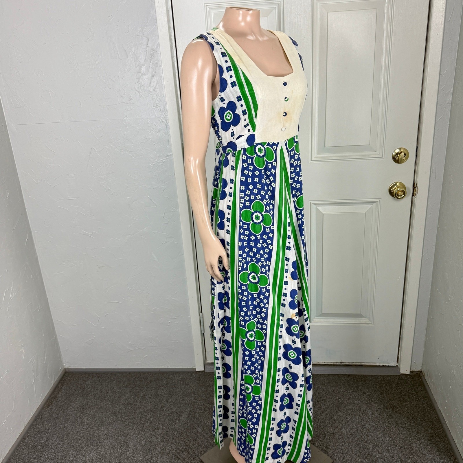 Vintage 70s Keone Women’s Dress Cotton Floral Party Maxi Hawaiian Floral Mod M14