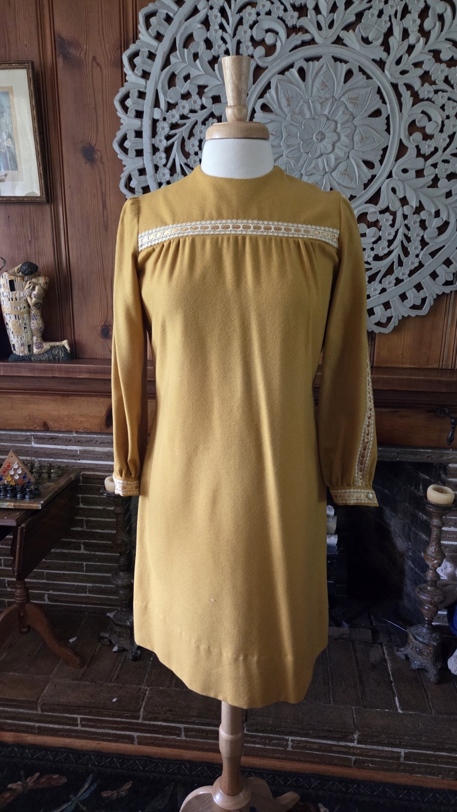 1960s Vintage Handmade Wool Yellow Shift Dress Satin And Lace Trim MCM unique