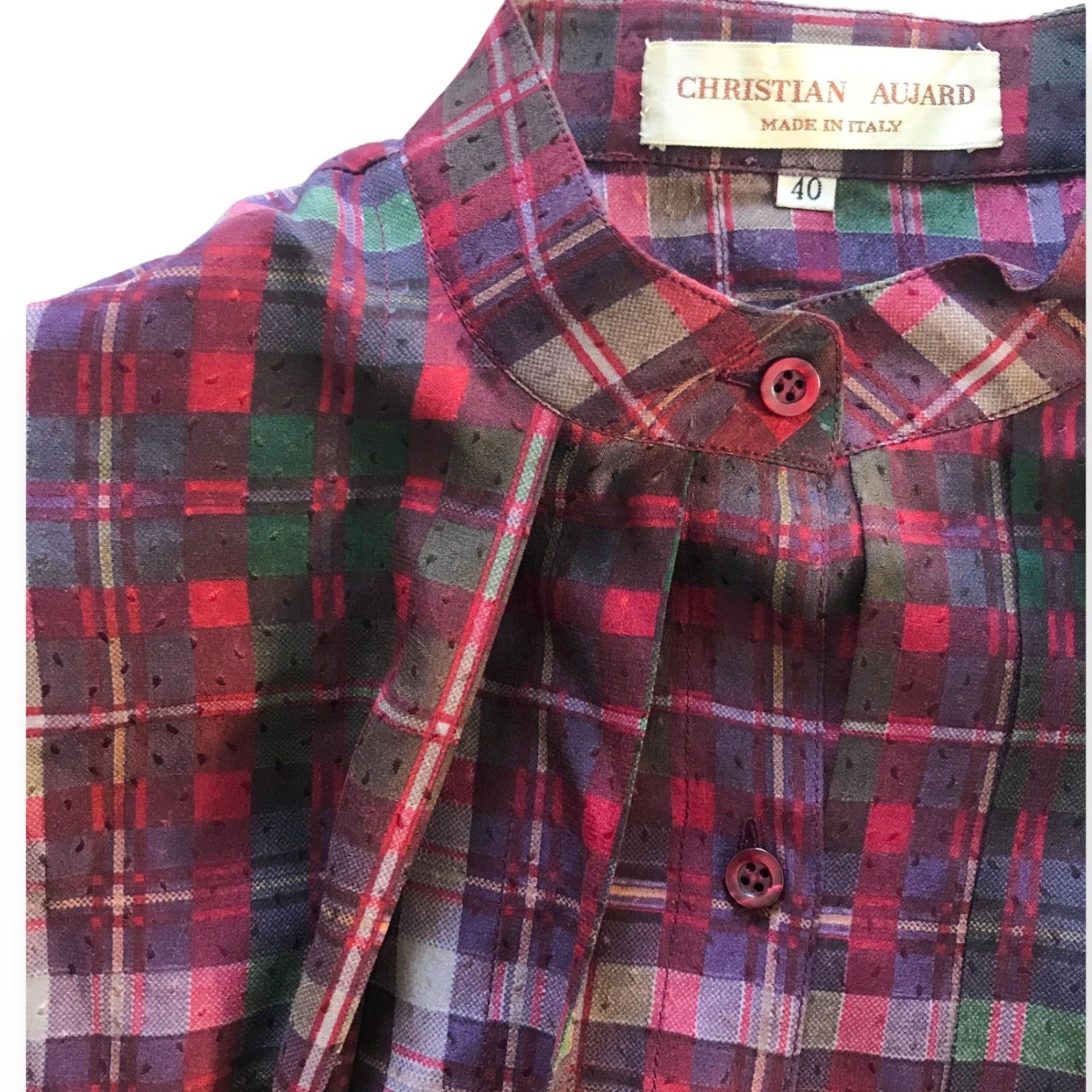 Vintage 1980s Christian Aujard Silk Plaid Shirt Dress Made in Italy, Size 40 IT