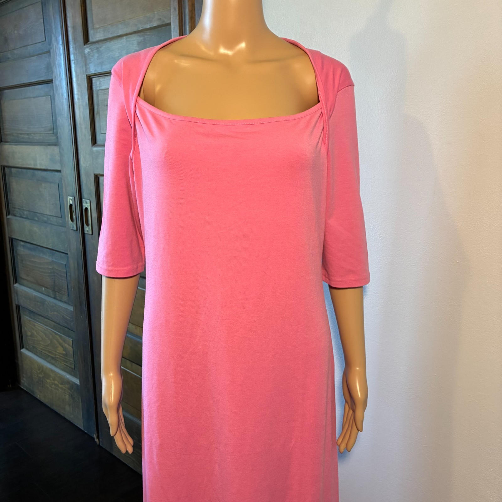 Vintage Newport News Women’s Dress Size 16 Pink Sheath Pullover Square Neck Maxi