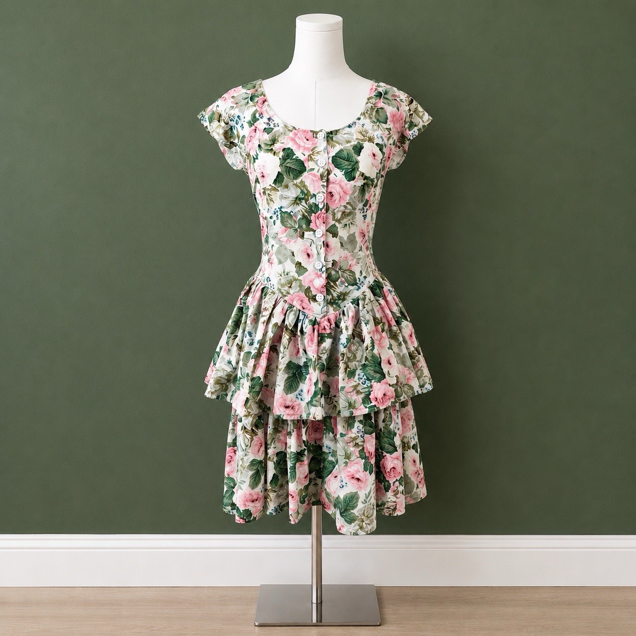 Vintage 80s Cotton Tiered Dress Rose Floral Coquette Fairy Cottagecore Sz Large
