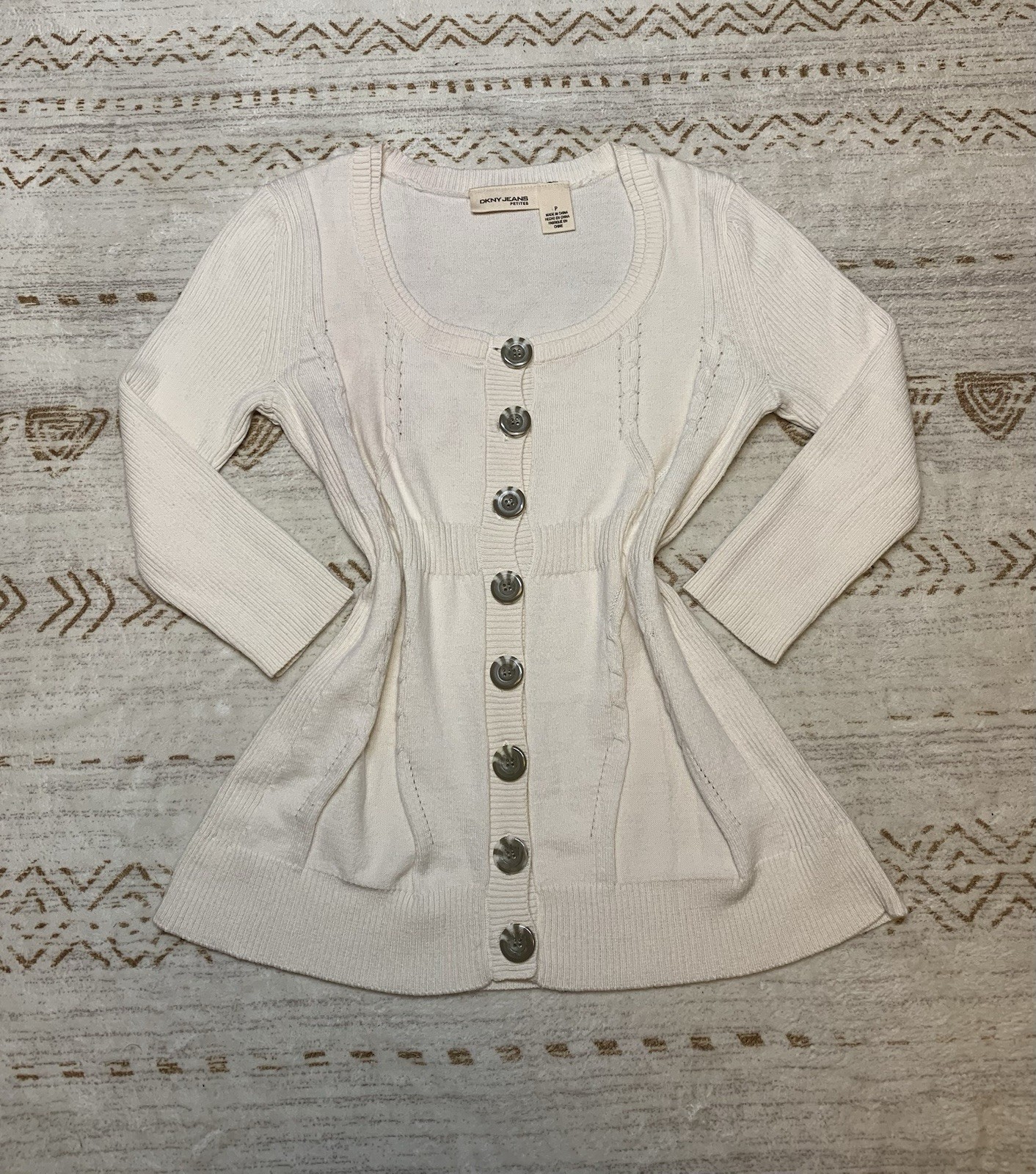 Vintage 2002 DKNY Jeans Y2K Cream Cable Knit Empire Waist Cardigan – Size Petite