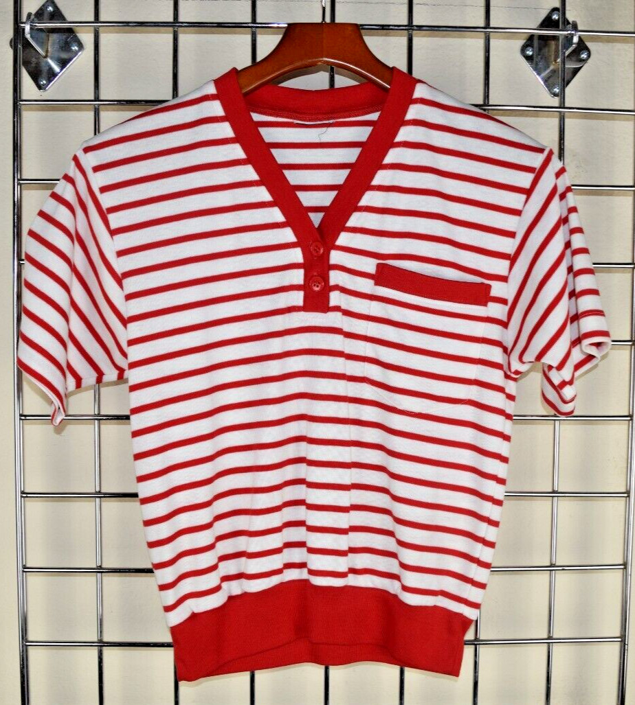 Vintage Tops Size S 70s Red White Stripes Buttons Breast Pocket