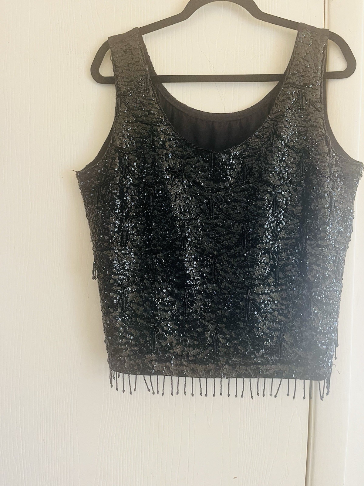 VTG 20s Beaded Sequin Tank Fringe Art Deco 70s Flapper Sleeveless Top XXL